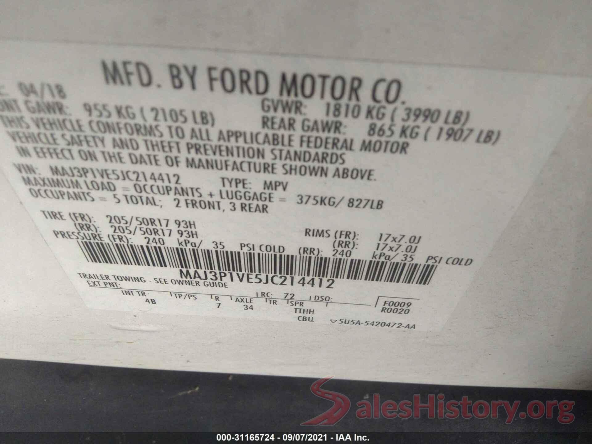 MAJ3P1VE5JC214412 2018 FORD ECOSPORT