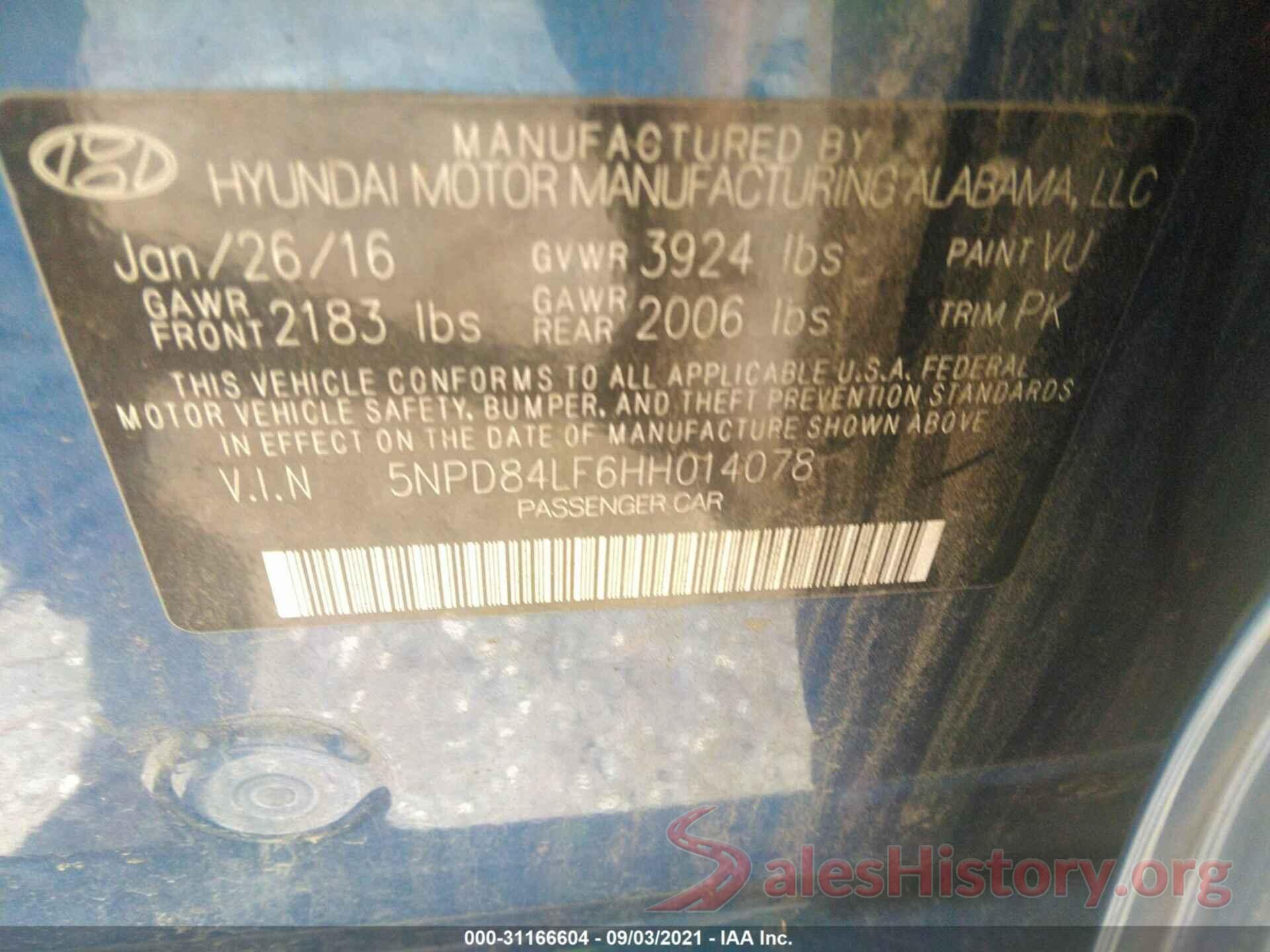 5NPD84LF6HH014078 2017 HYUNDAI ELANTRA