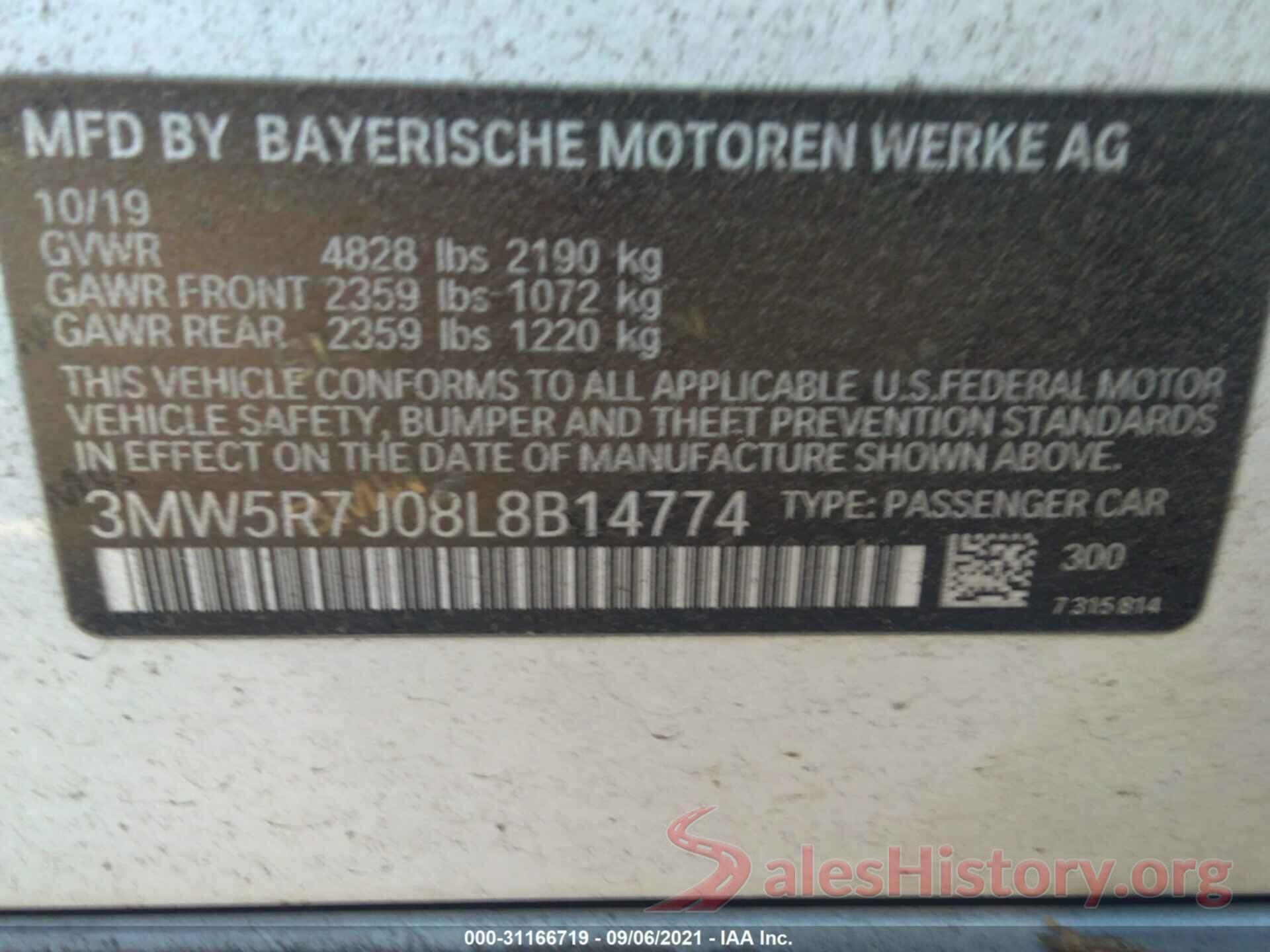 3MW5R7J08L8B14774 2020 BMW 3 SERIES