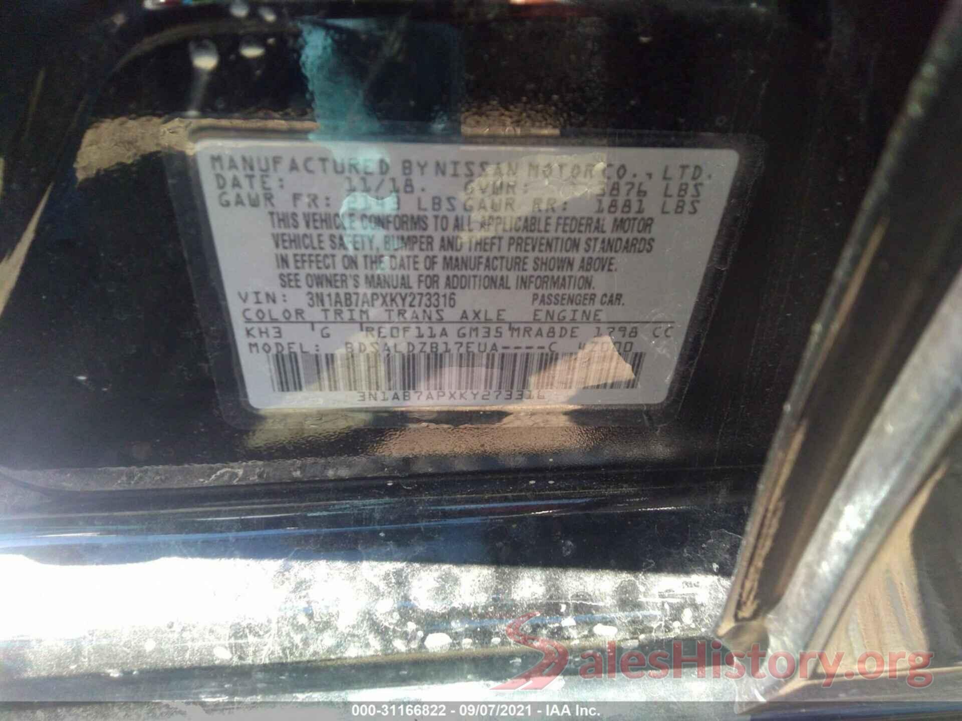 3N1AB7APXKY273316 2019 NISSAN SENTRA