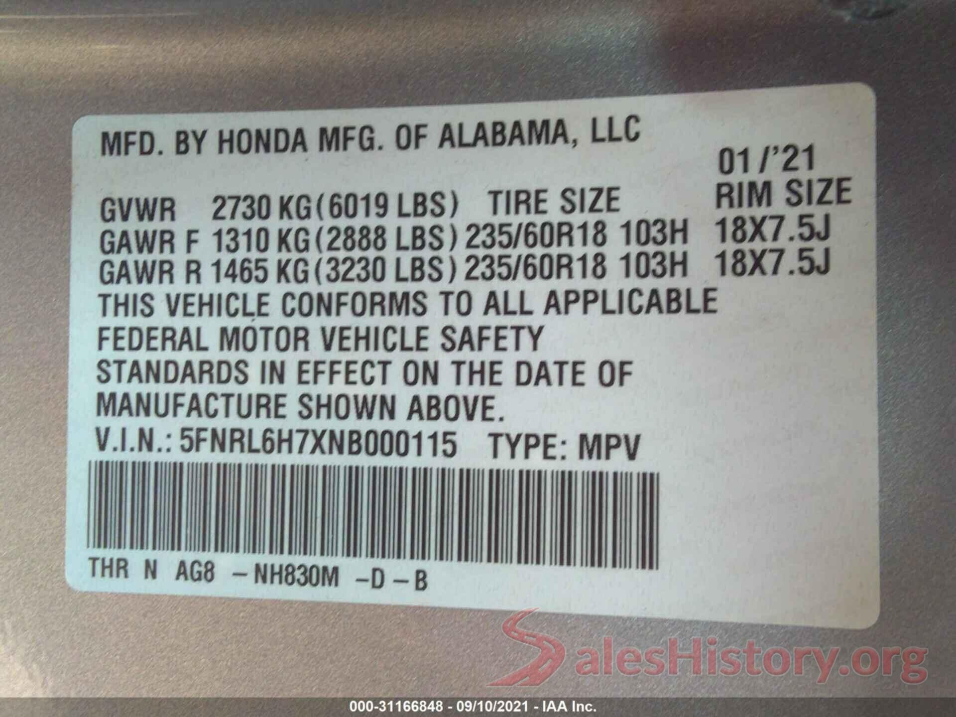 5FNRL6H7XNB000115 2022 HONDA ODYSSEY