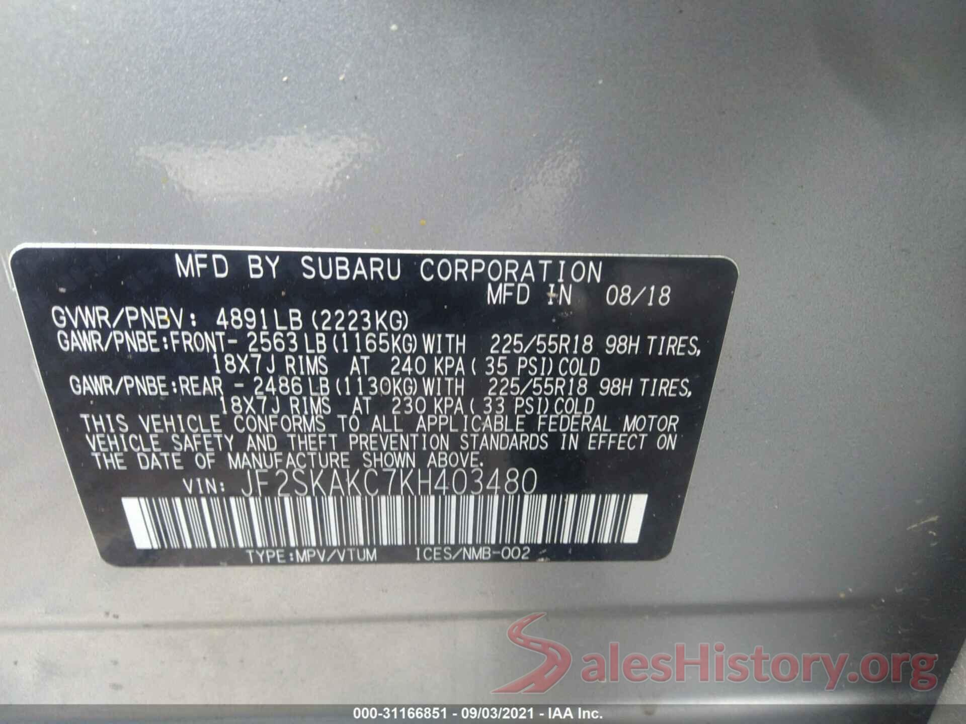 JF2SKAKC7KH403480 2019 SUBARU FORESTER