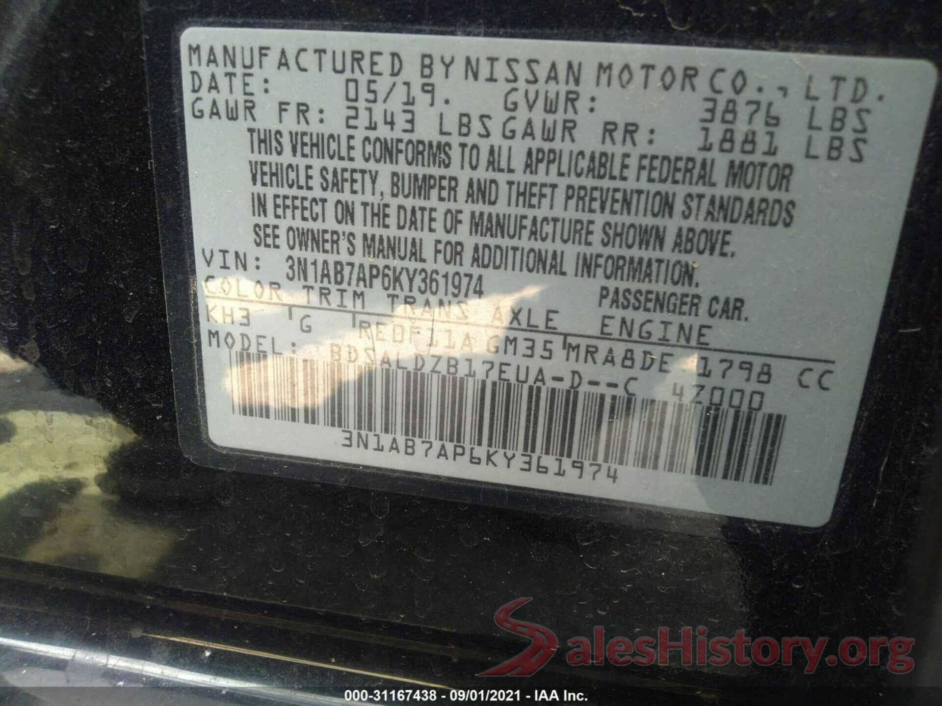 3N1AB7AP6KY361974 2019 NISSAN SENTRA