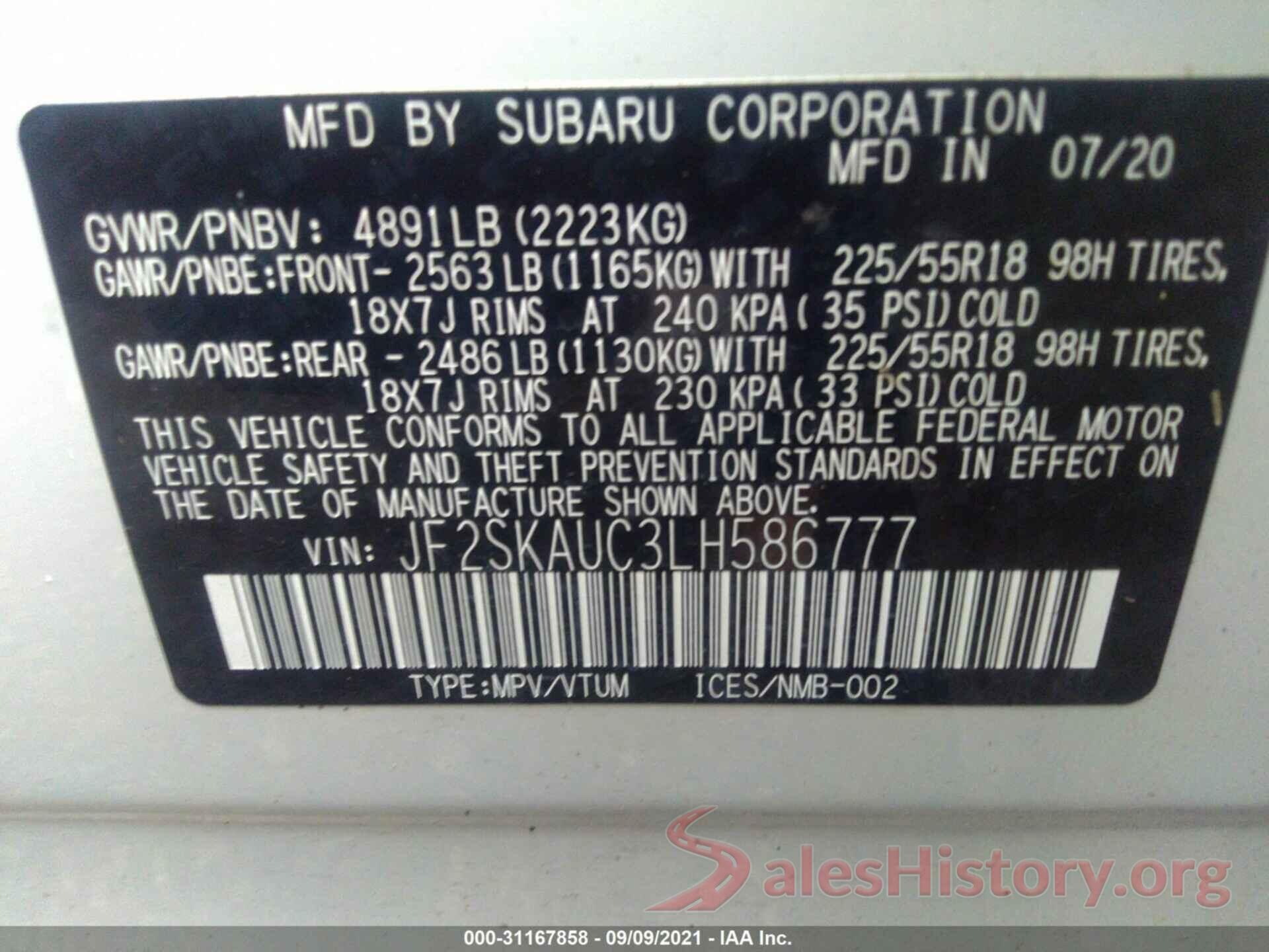 JF2SKAUC3LH586777 2020 SUBARU FORESTER