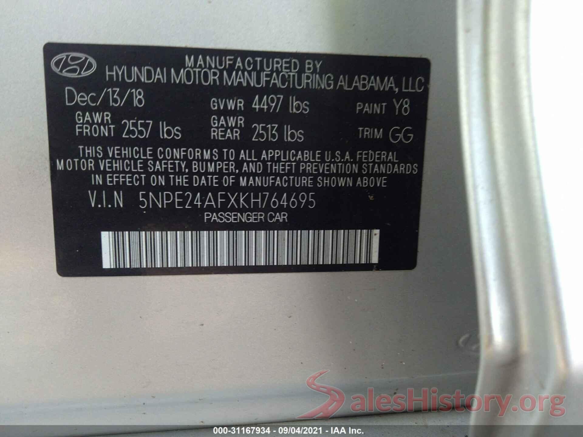 5NPE24AFXKH764695 2019 HYUNDAI SONATA