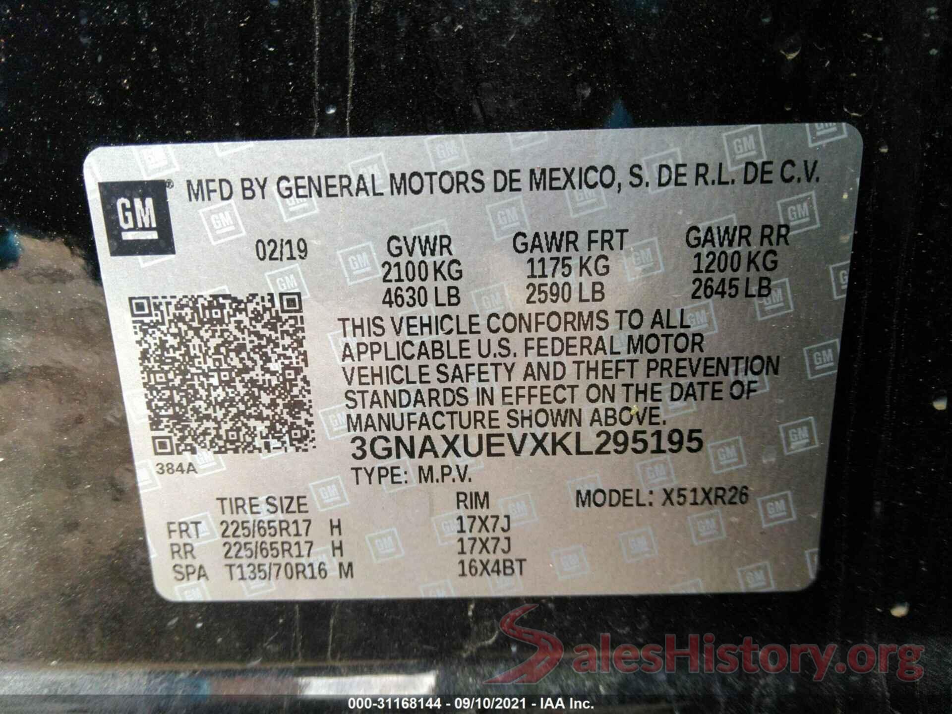 3GNAXUEVXKL295195 2019 CHEVROLET EQUINOX