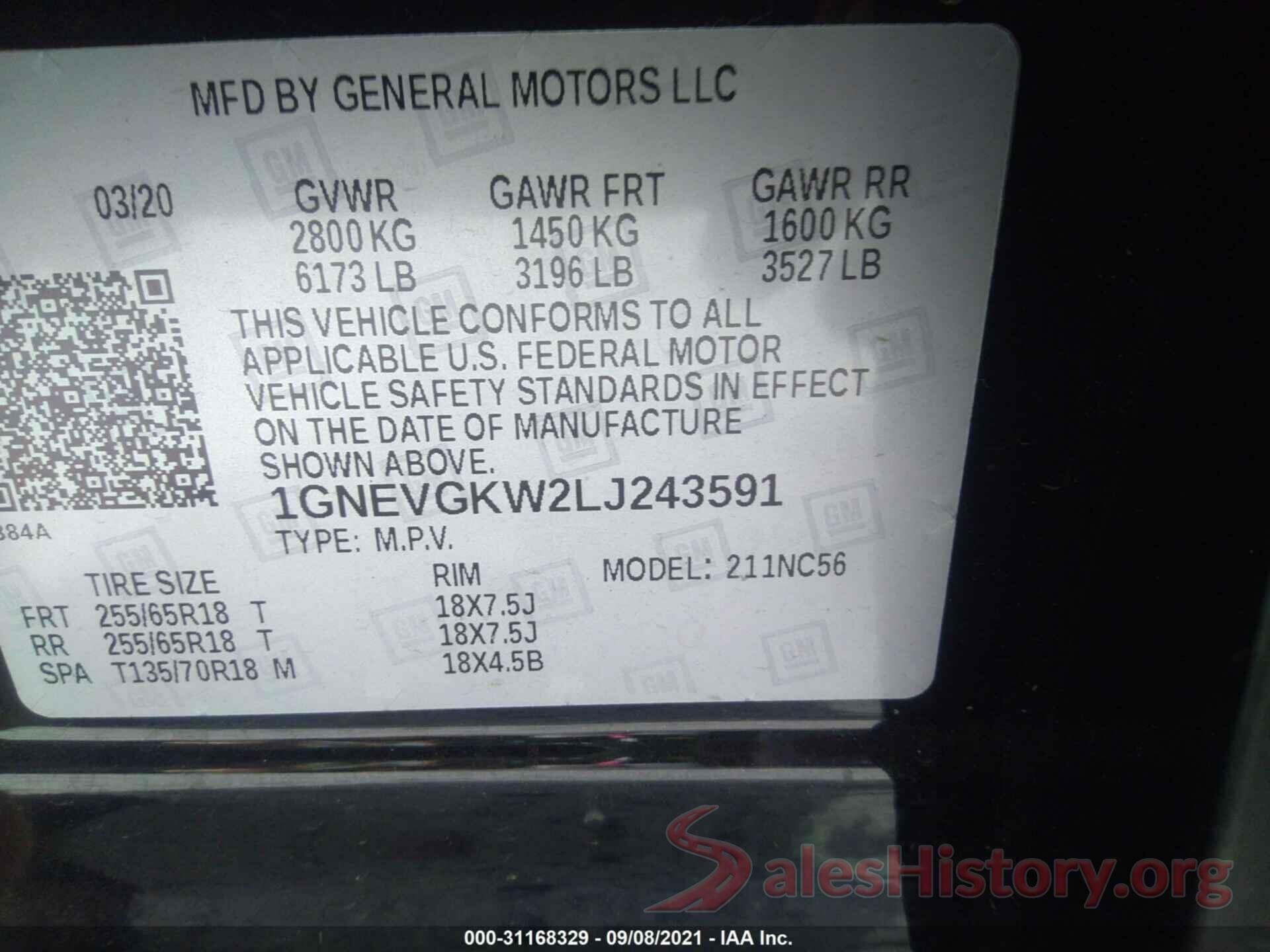 1GNEVGKW2LJ243591 2020 CHEVROLET TRAVERSE