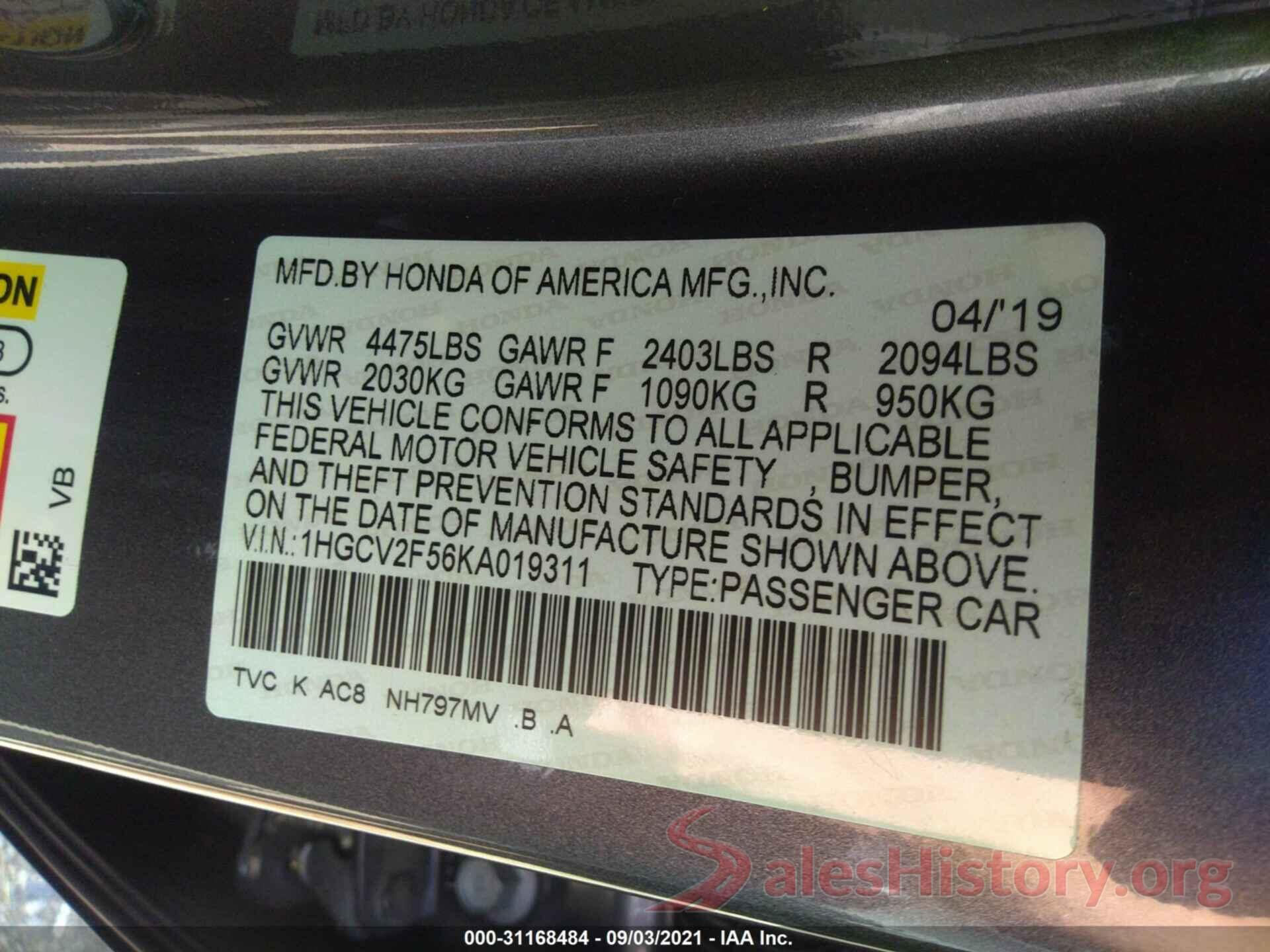 1HGCV2F56KA019311 2019 HONDA ACCORD SEDAN