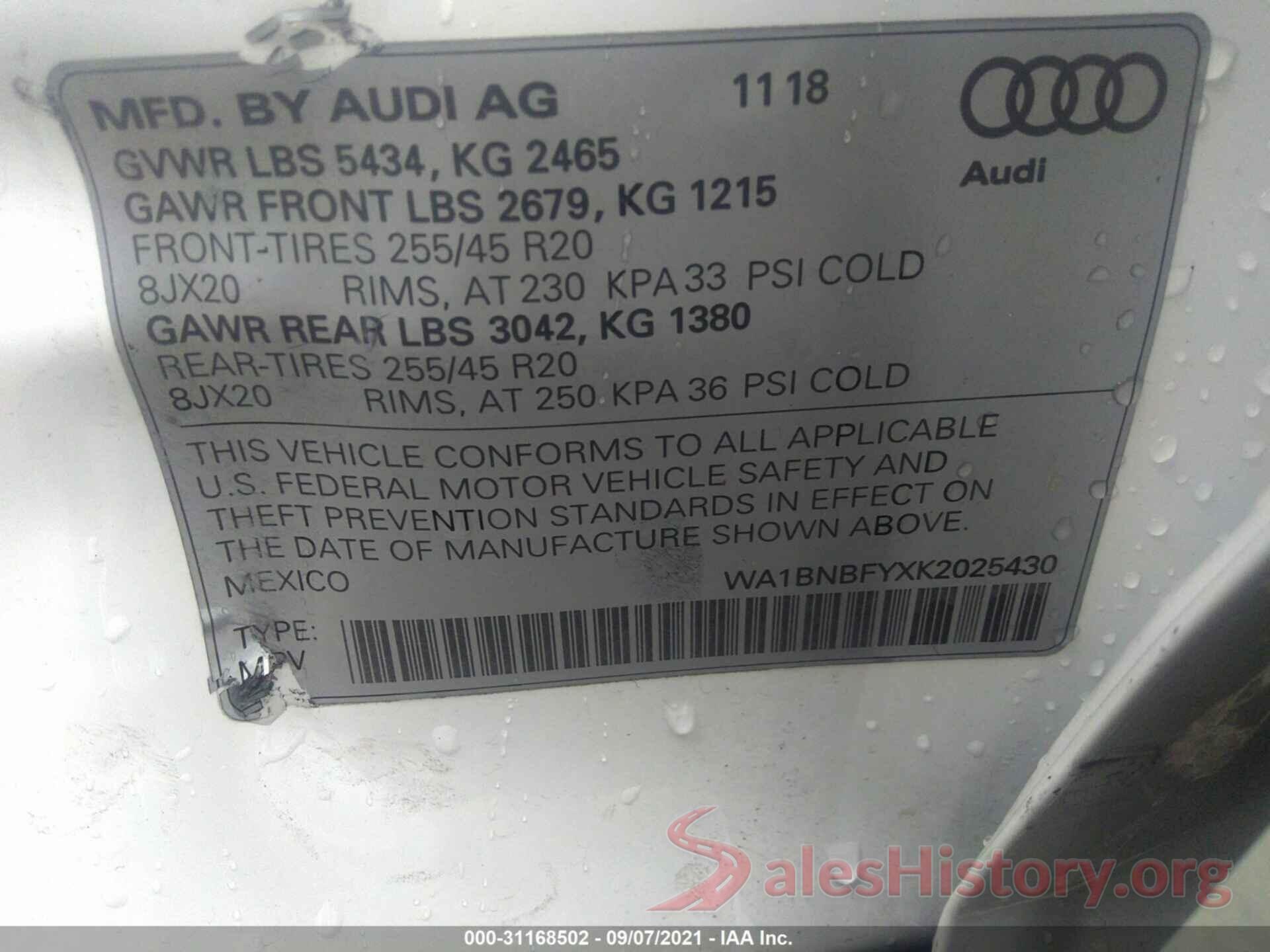 WA1BNBFYXK2025430 2019 AUDI Q5