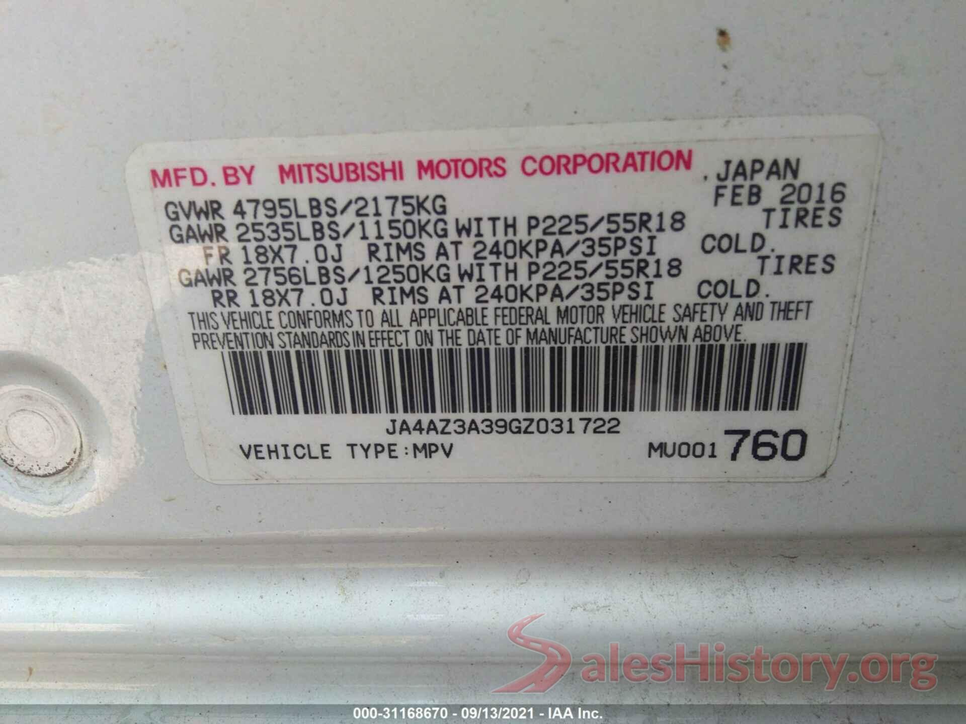 JA4AZ3A39GZ031722 2016 MITSUBISHI OUTLANDER