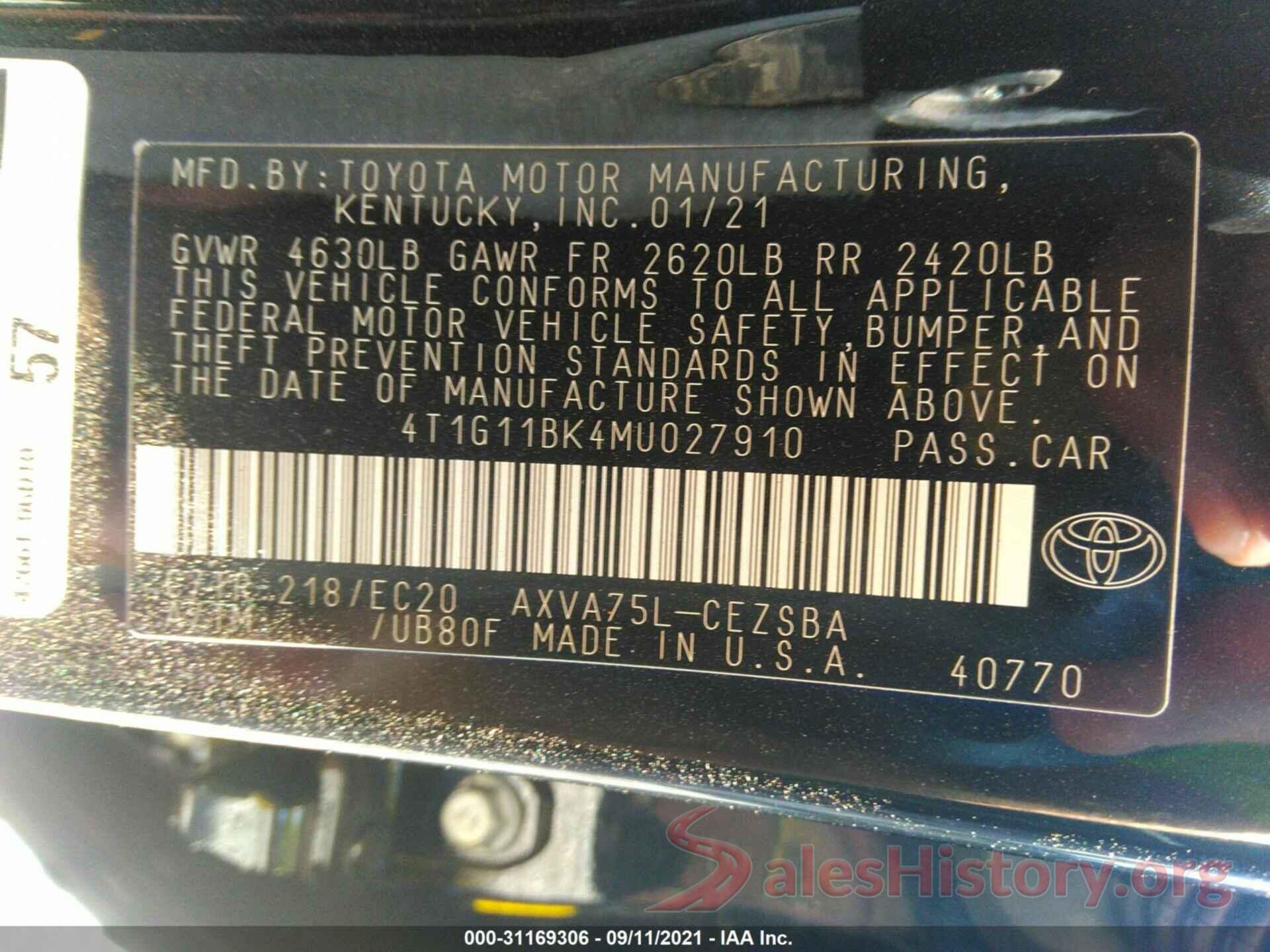 4T1G11BK4MU027910 2021 TOYOTA CAMRY