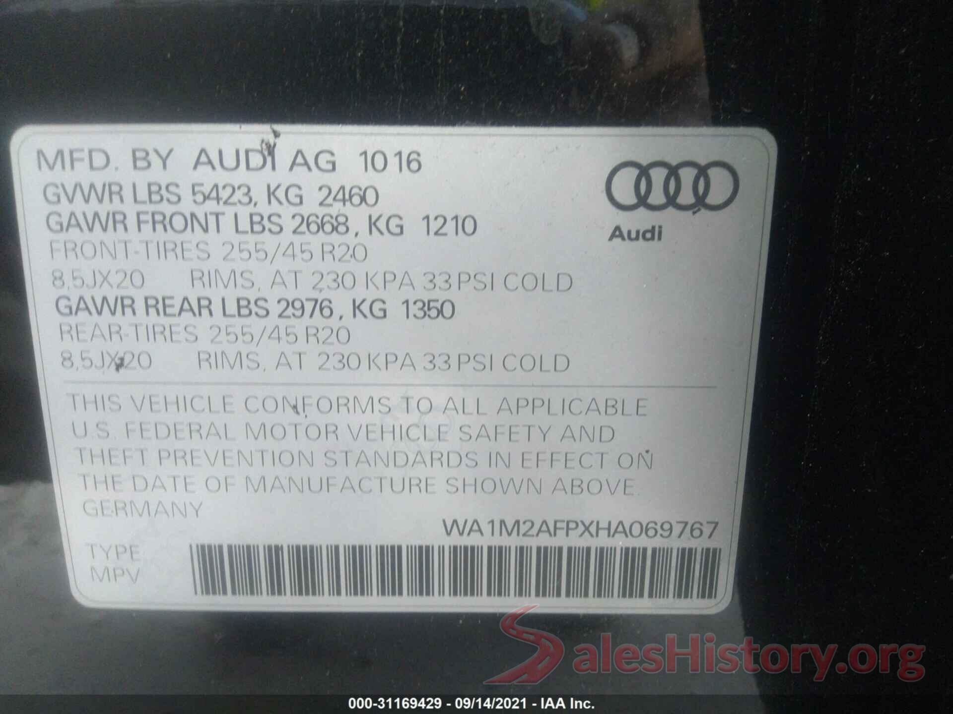 WA1M2AFPXHA069767 2017 AUDI Q5