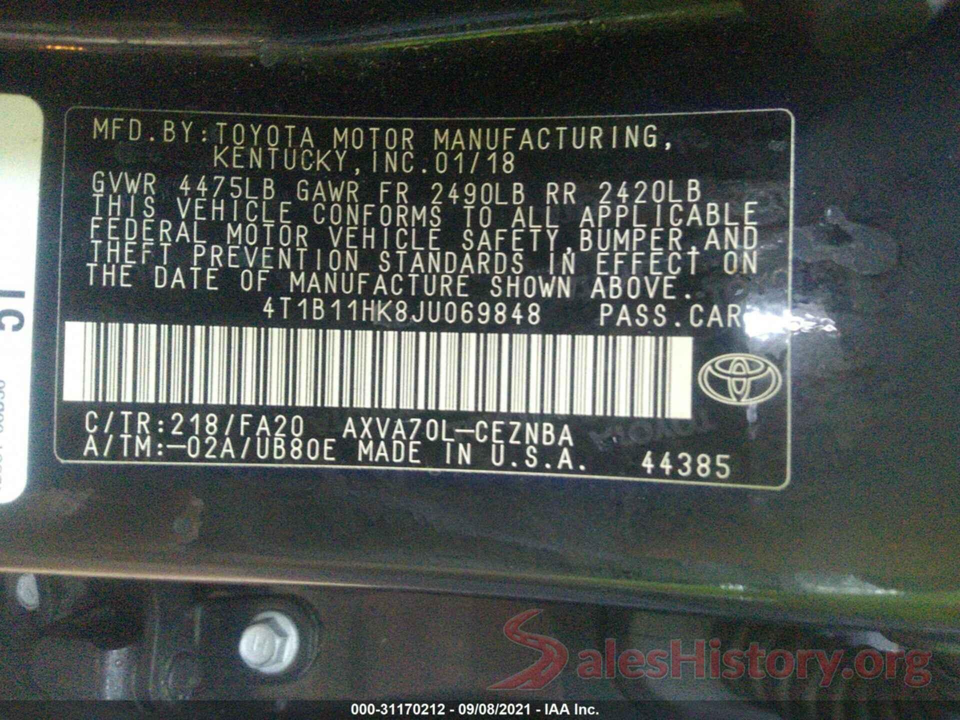 4T1B11HK8JU069848 2018 TOYOTA CAMRY