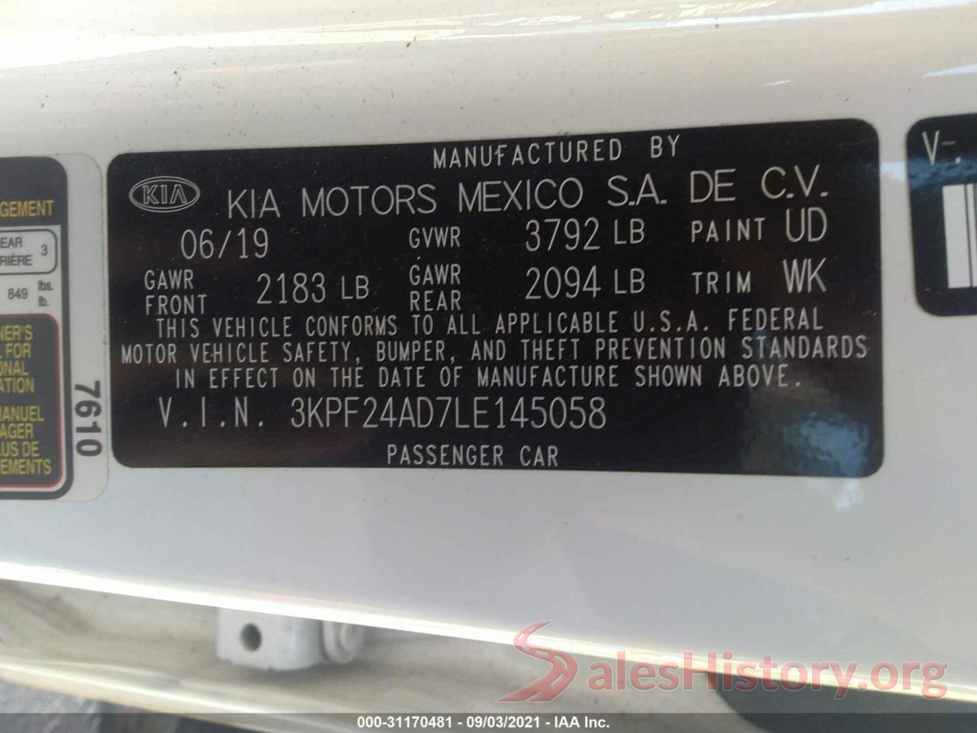 3KPF24AD7LE145058 2020 KIA FORTE