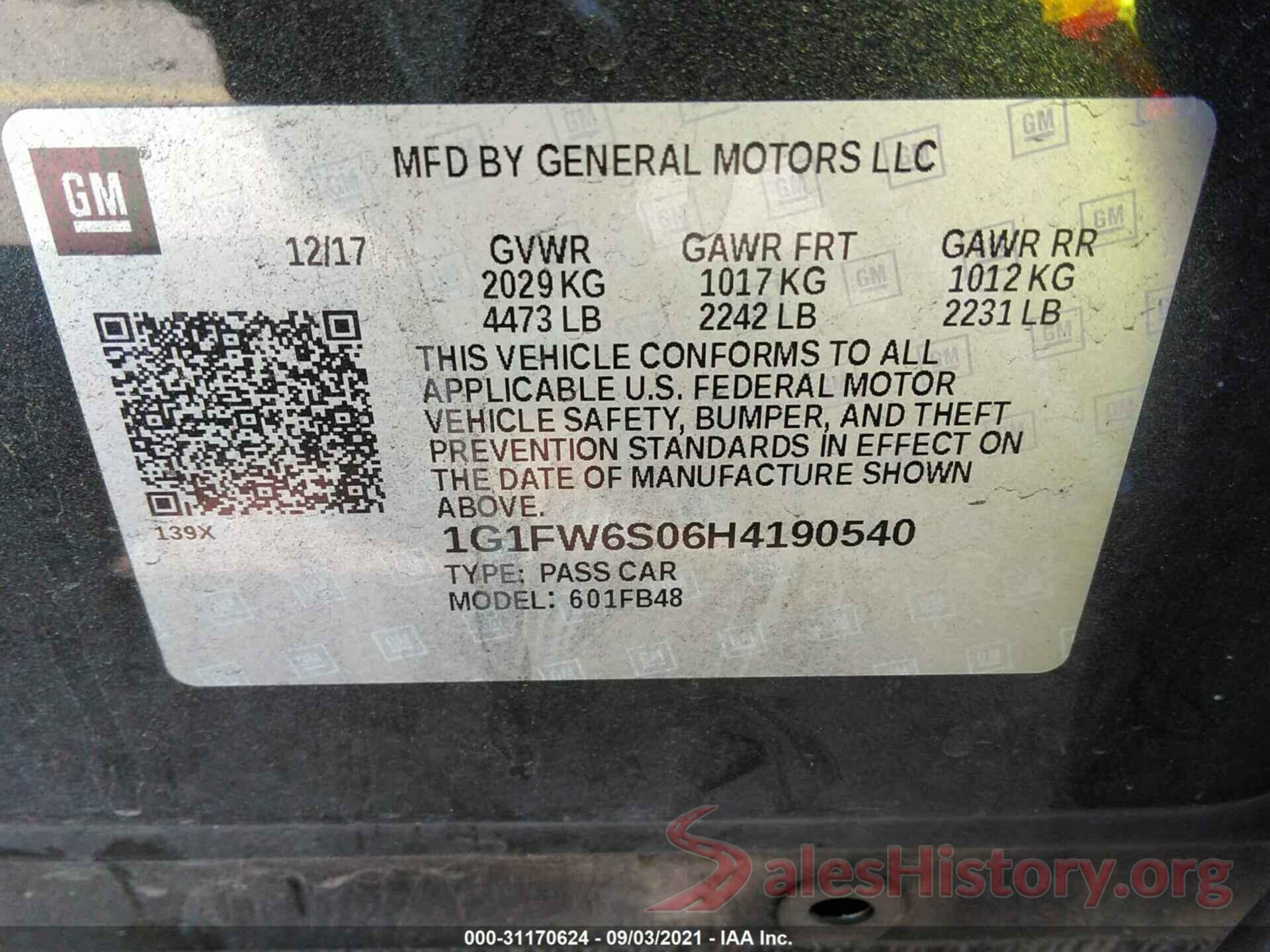 1G1FW6S06H4190540 2017 CHEVROLET BOLT EV