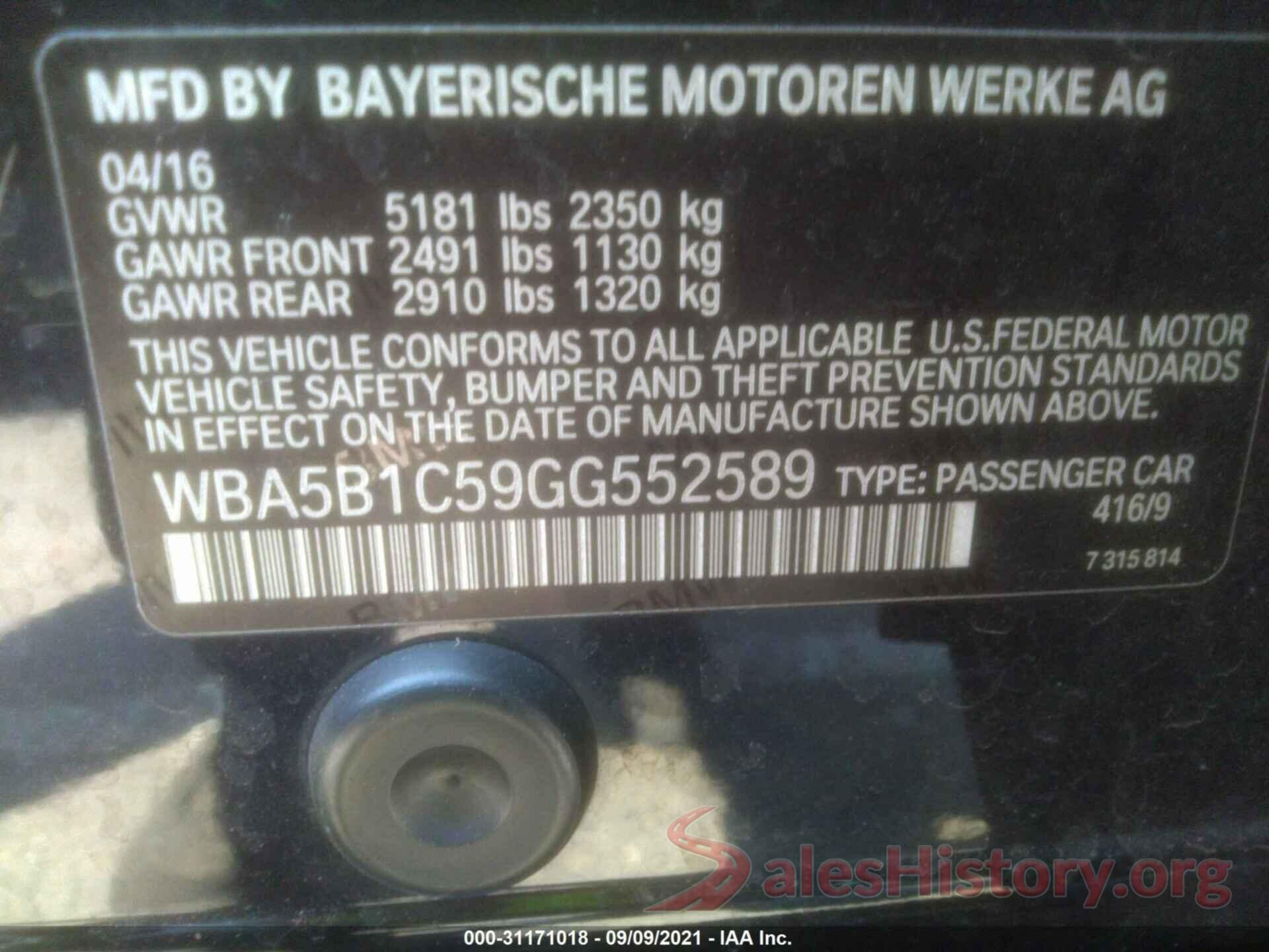WBA5B1C59GG552589 2016 BMW 5 SERIES