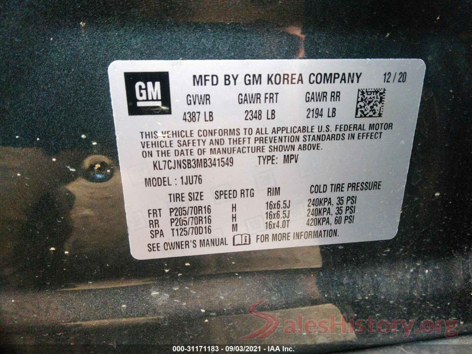 KL7CJNSB3MB341549 2021 CHEVROLET TRAX