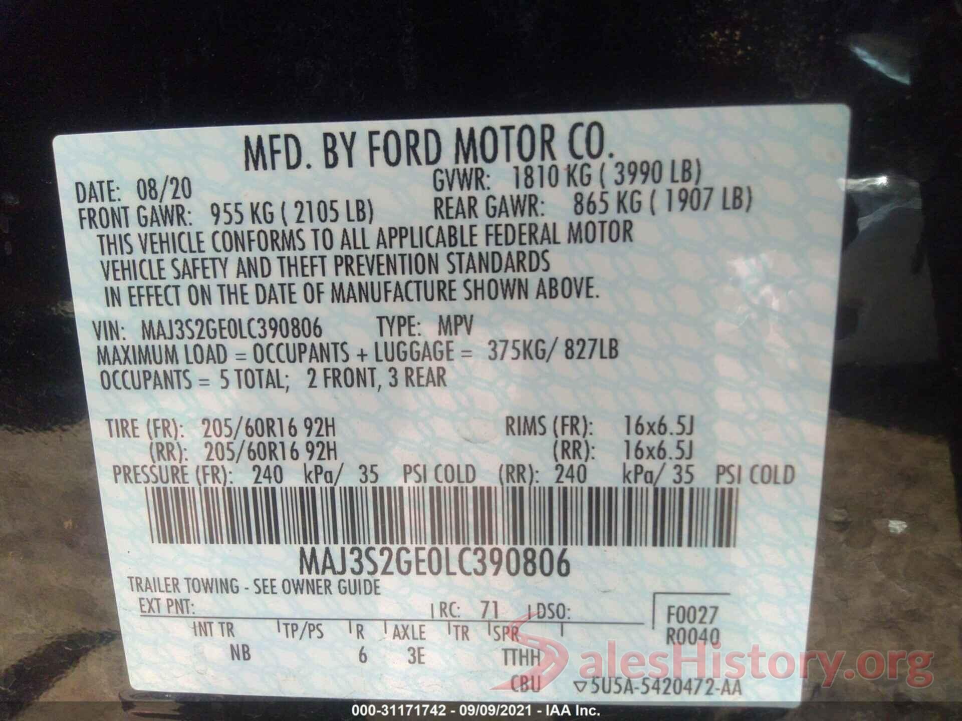 MAJ3S2GE0LC390806 2020 FORD ECOSPORT