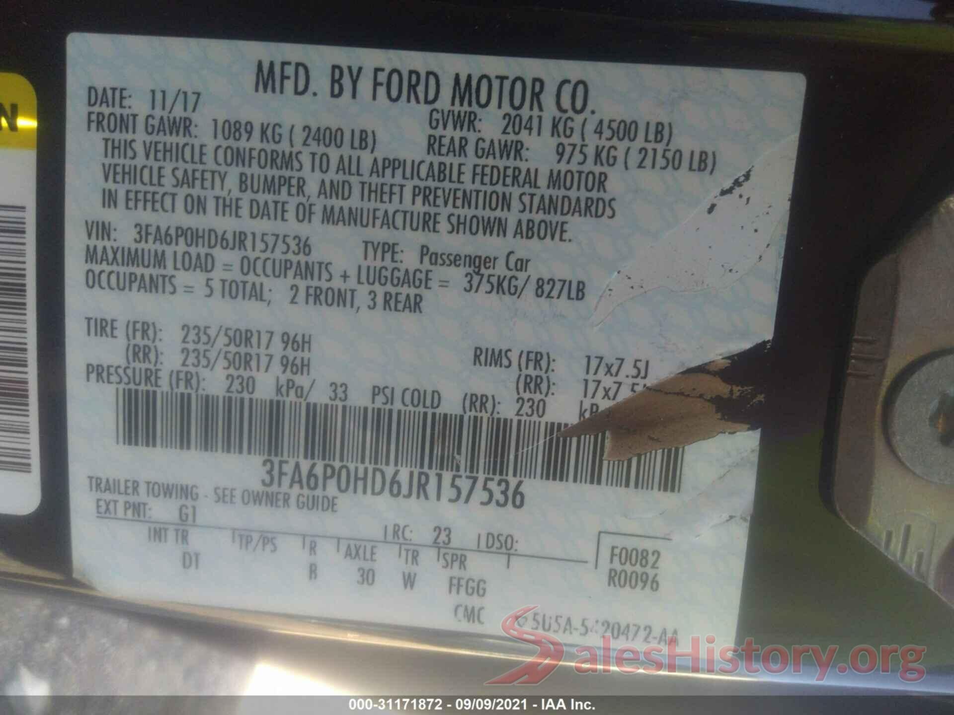 3FA6P0HD6JR157536 2018 FORD FUSION