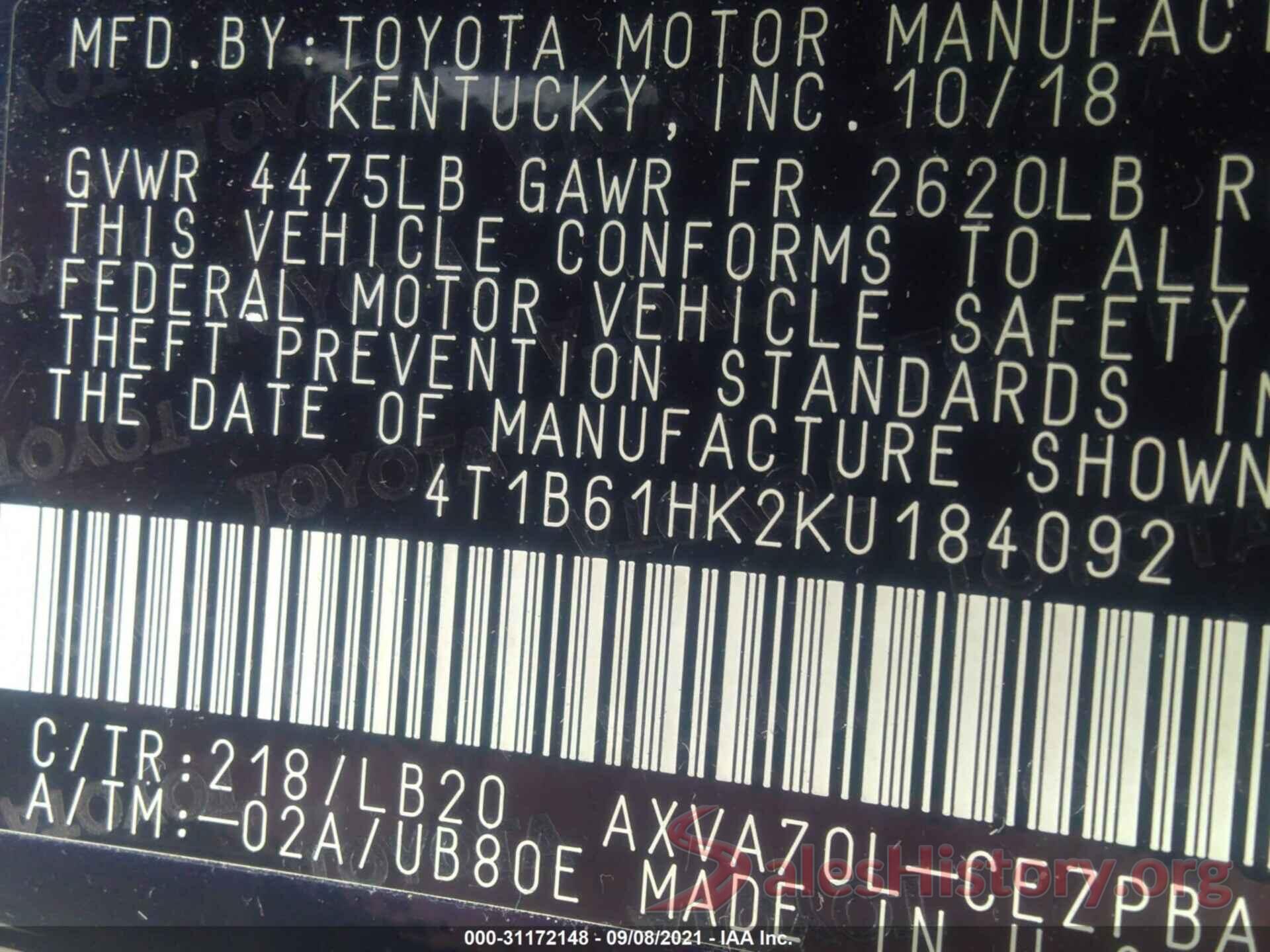 4T1B61HK2KU184092 2019 TOYOTA CAMRY