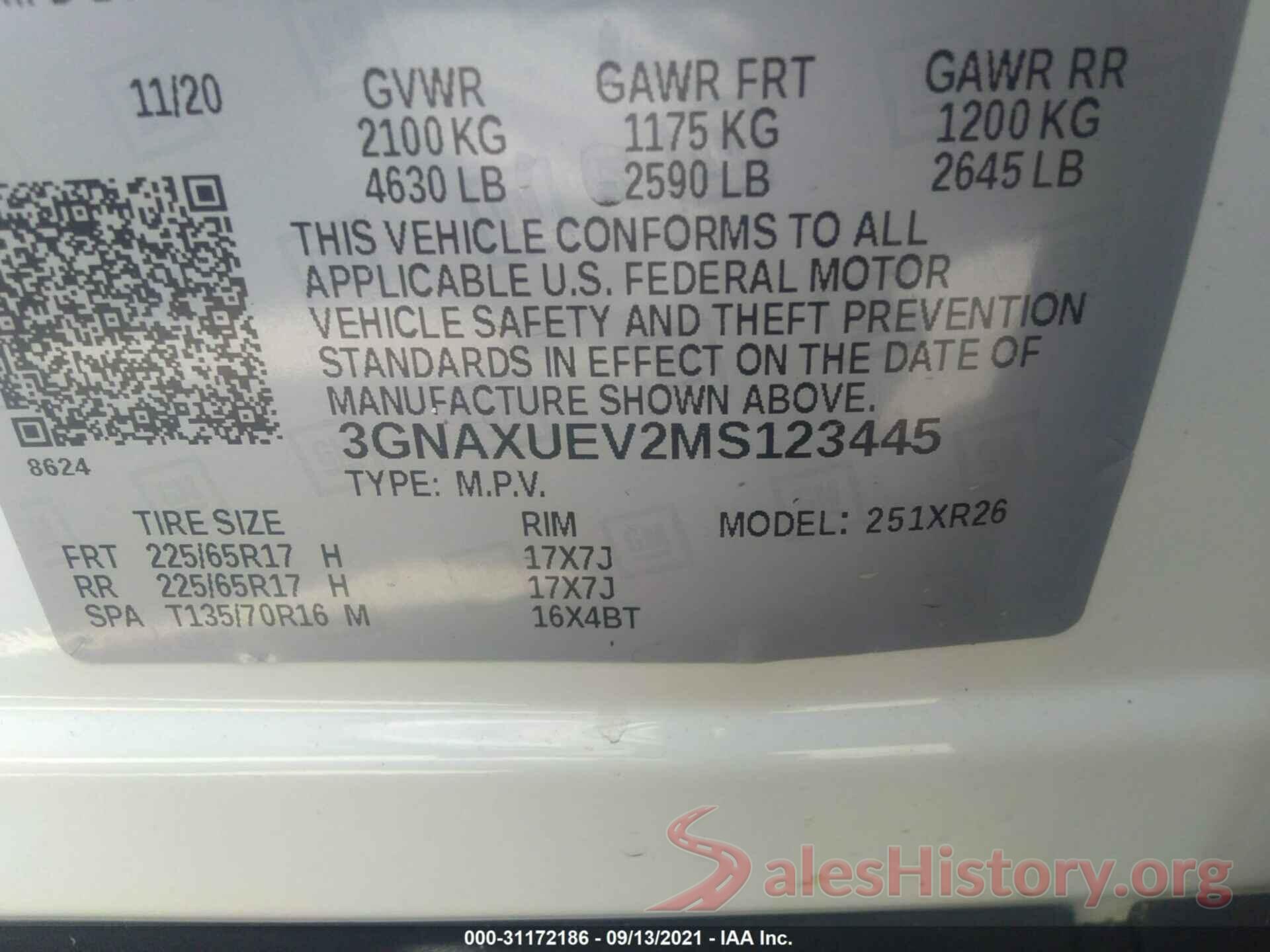 3GNAXUEV2MS123445 2021 CHEVROLET EQUINOX