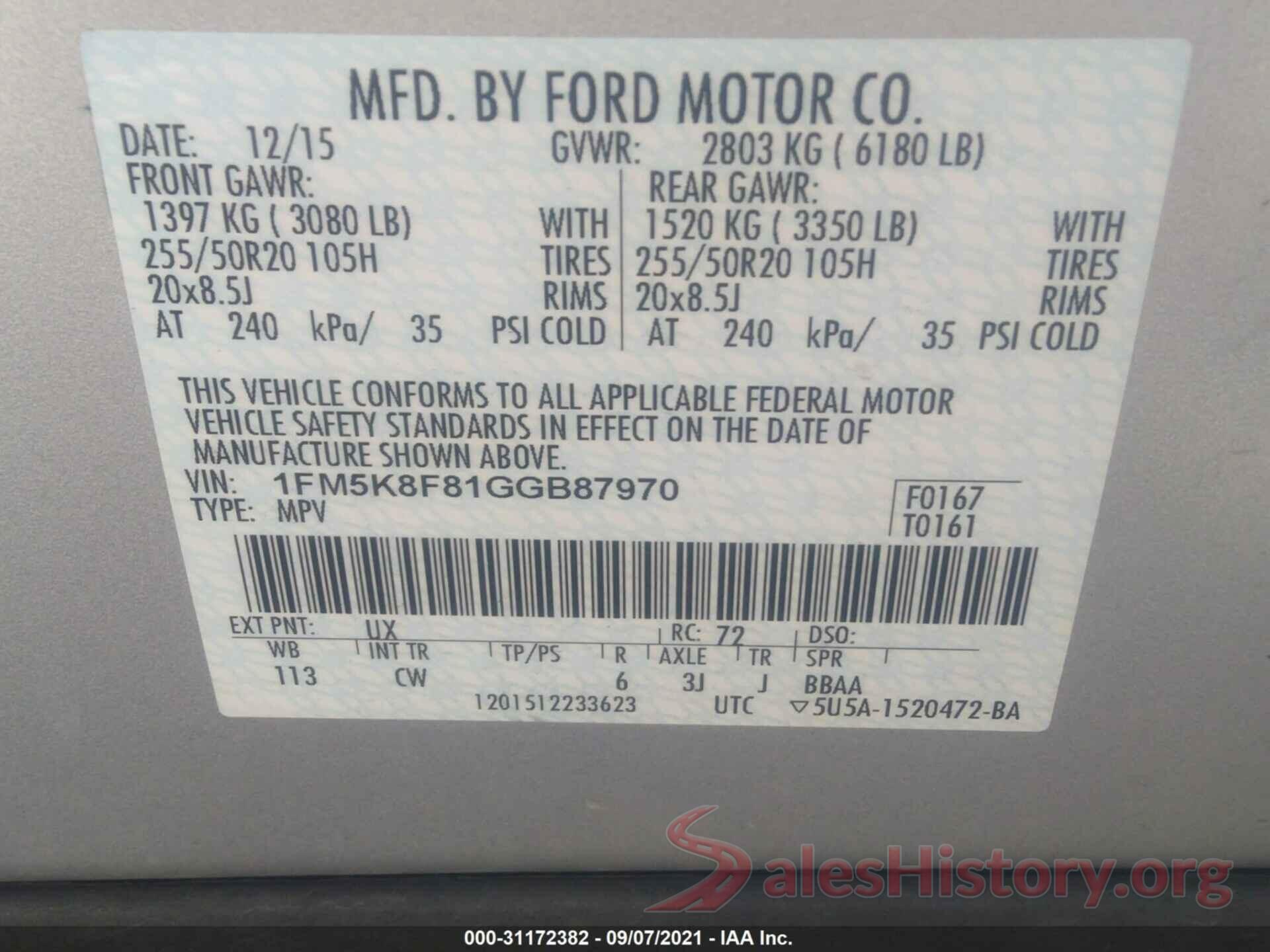 1FM5K8F81GGB87970 2016 FORD EXPLORER