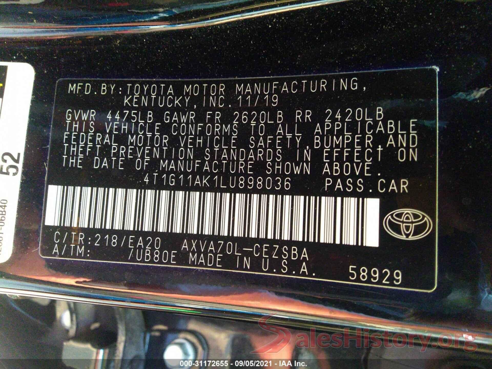 4T1G11AK1LU898036 2020 TOYOTA CAMRY