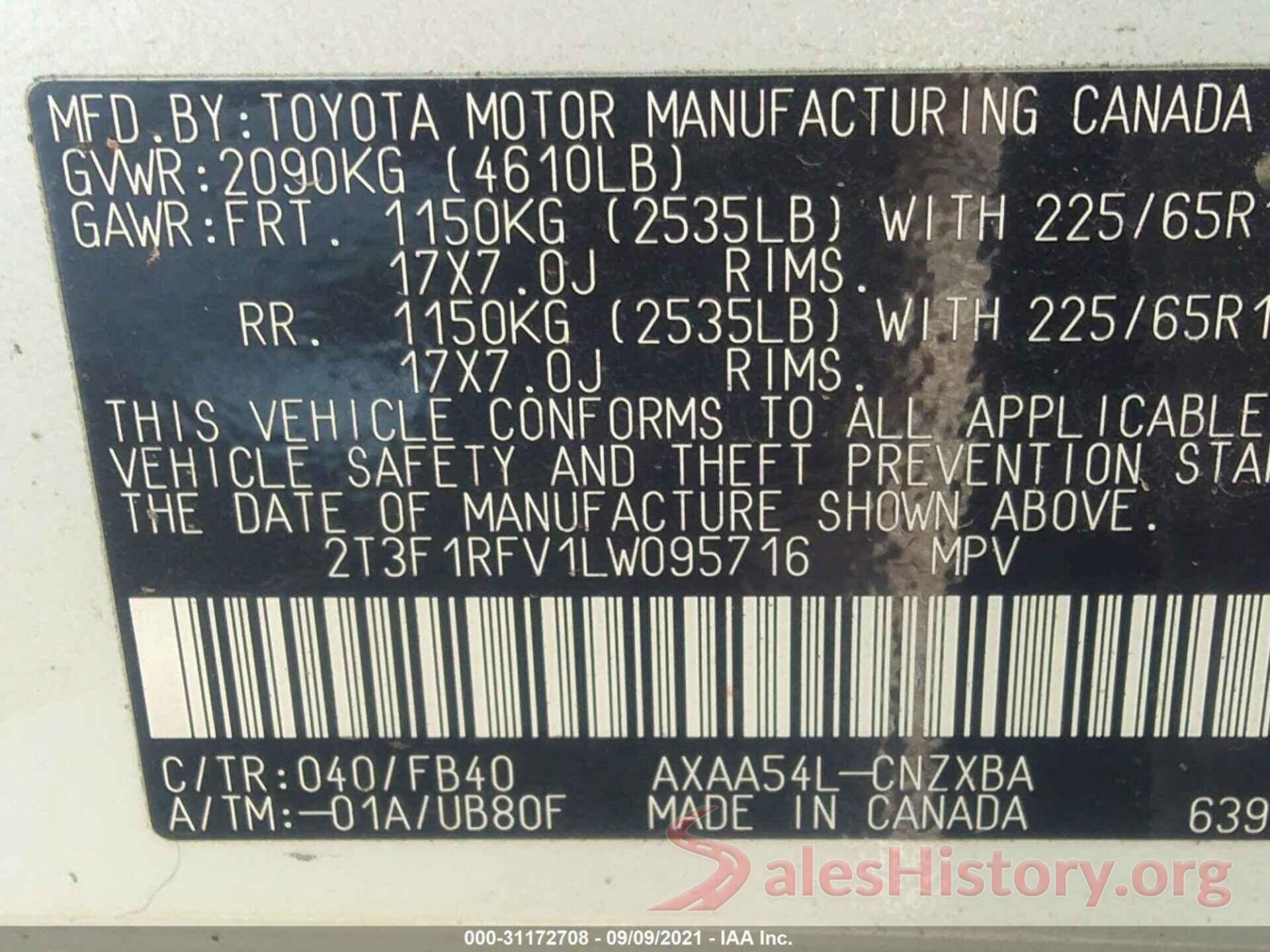 2T3F1RFV1LW095716 2020 TOYOTA RAV4