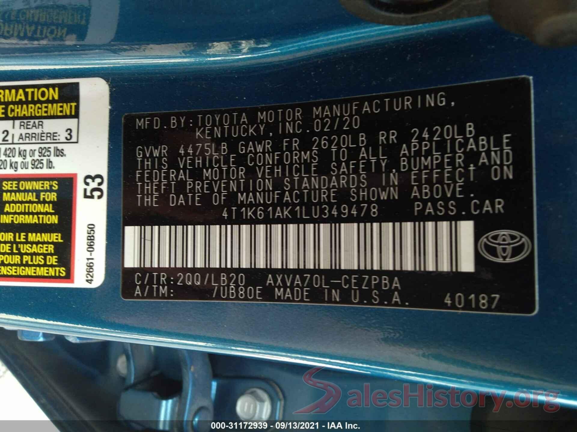 4T1K61AK1LU349478 2020 TOYOTA CAMRY