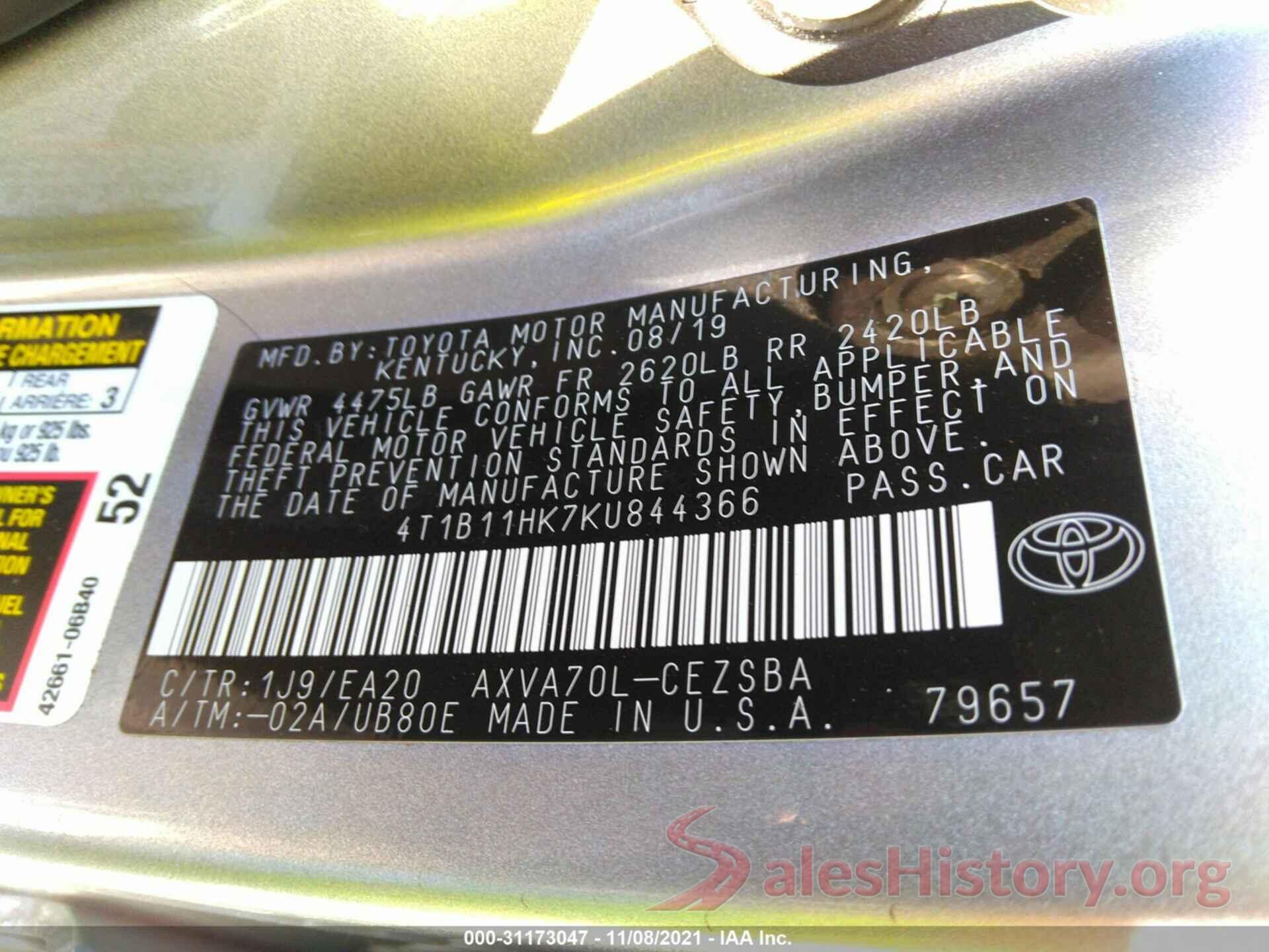 4T1B11HK7KU844366 2019 TOYOTA CAMRY