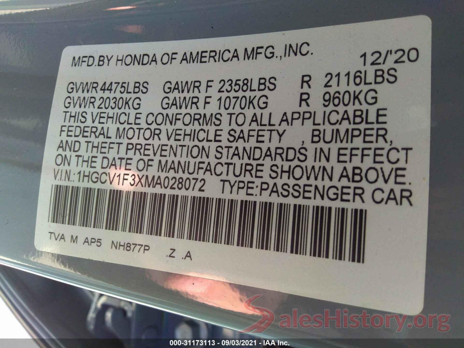 1HGCV1F3XMA028072 2021 HONDA ACCORD SEDAN