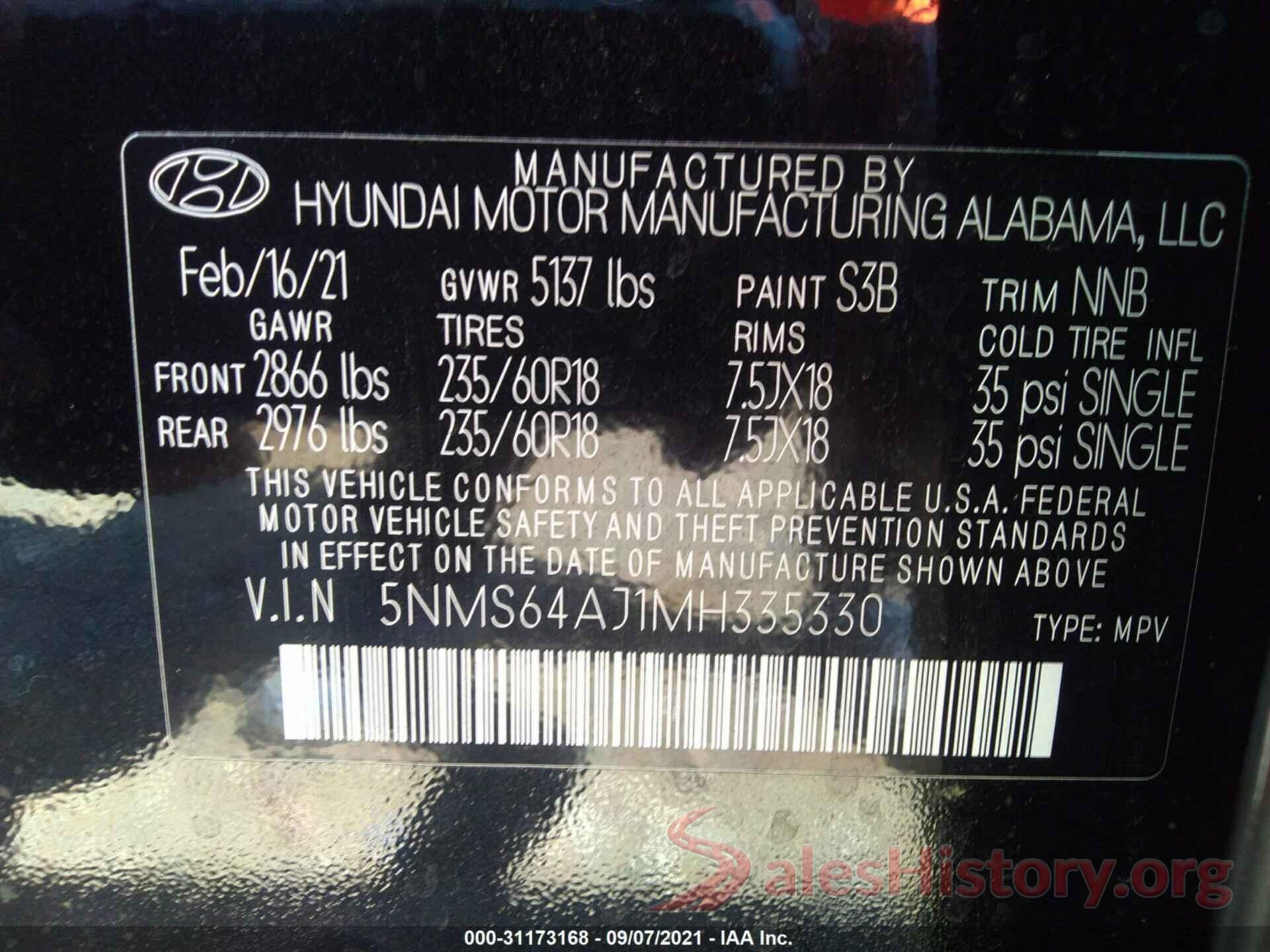 5NMS64AJ1MH335330 2021 HYUNDAI SANTA FE