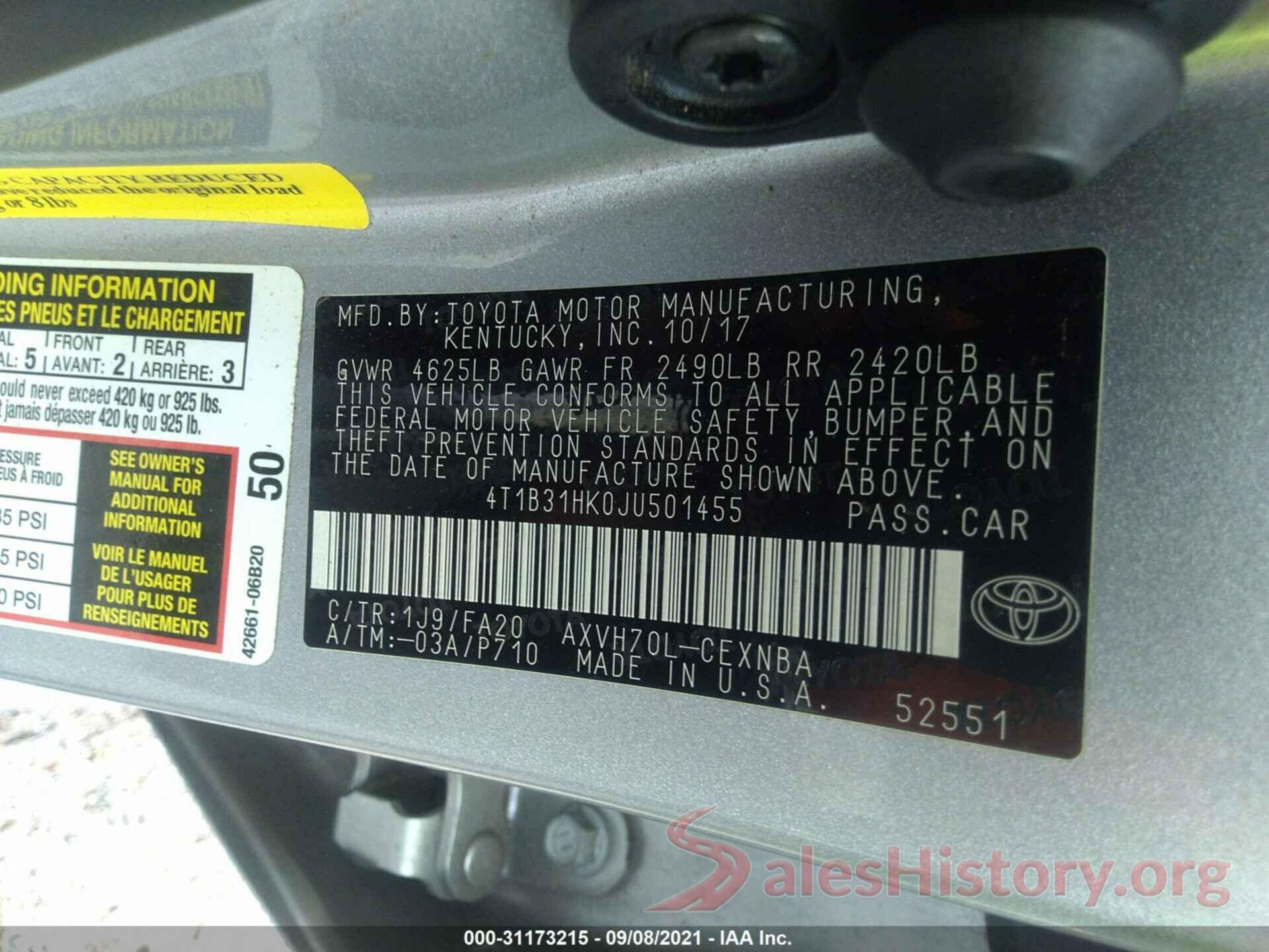 4T1B31HK0JU501455 2018 TOYOTA CAMRY