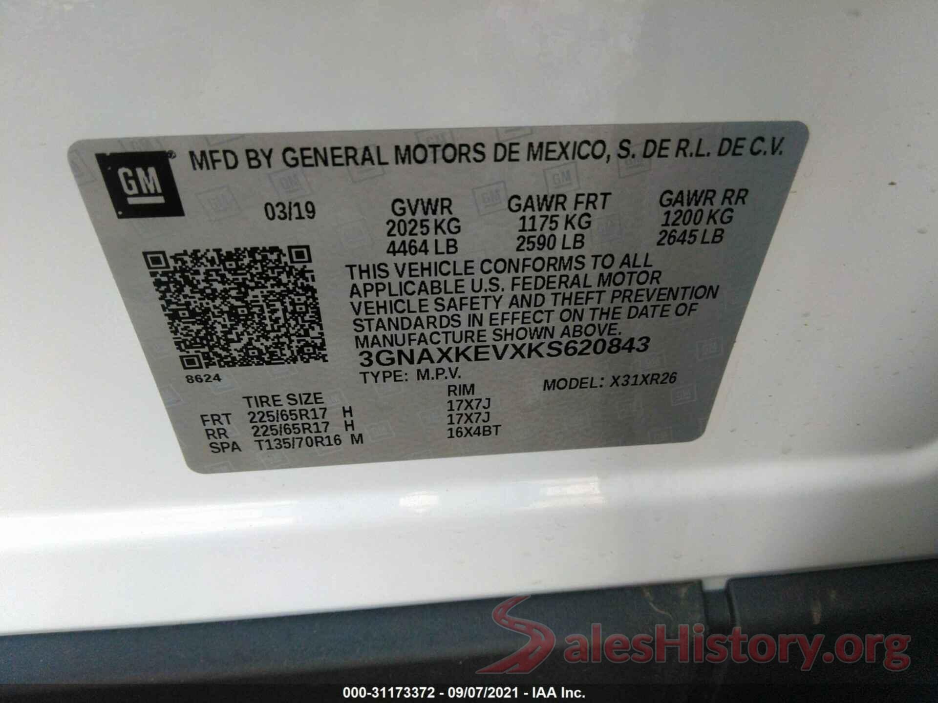 3GNAXKEVXKS620843 2019 CHEVROLET EQUINOX