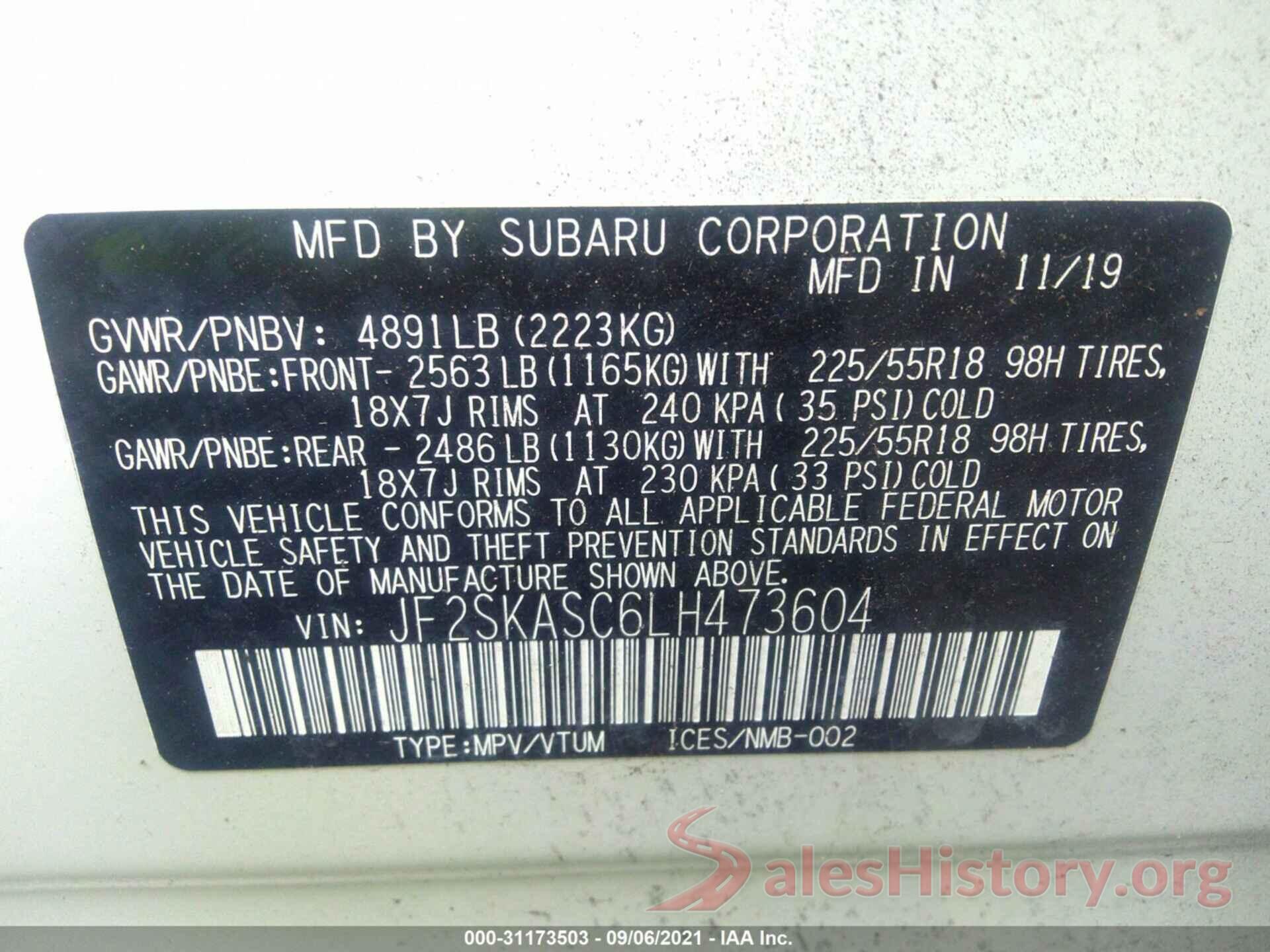 JF2SKASC6LH473604 2020 SUBARU FORESTER