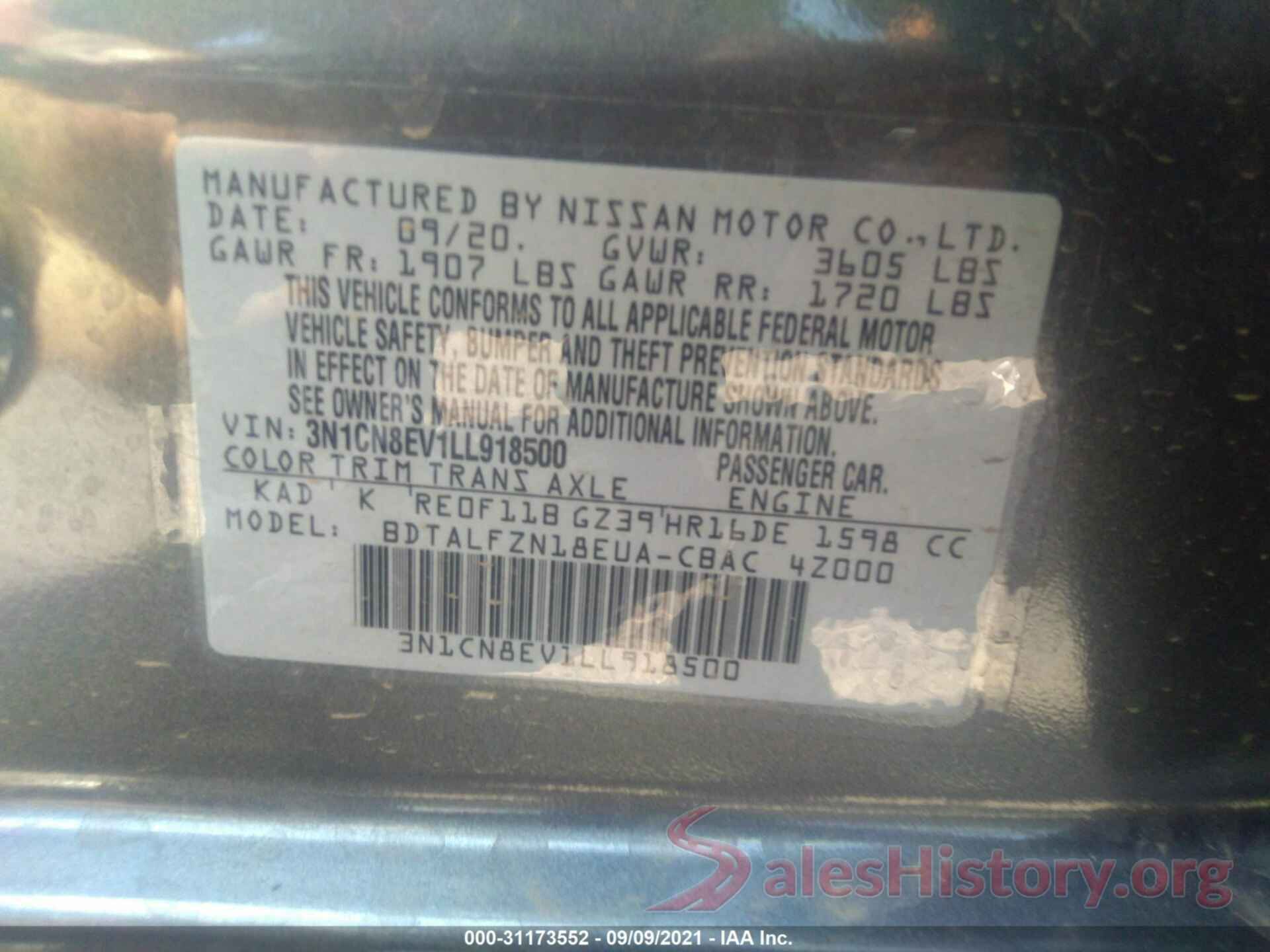 3N1CN8EV1LL918500 2020 NISSAN VERSA