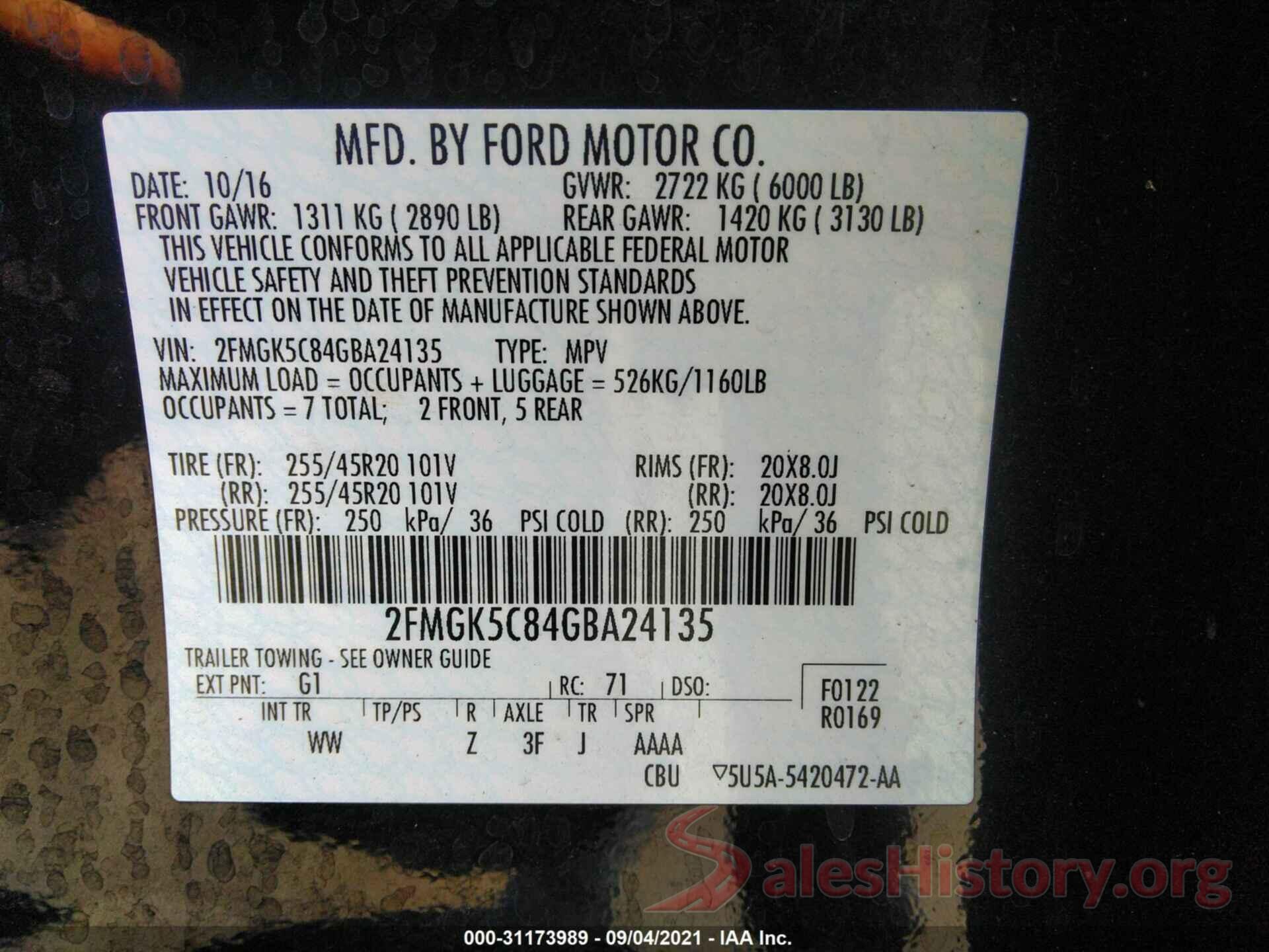 2FMGK5C84GBA24135 2016 FORD FLEX