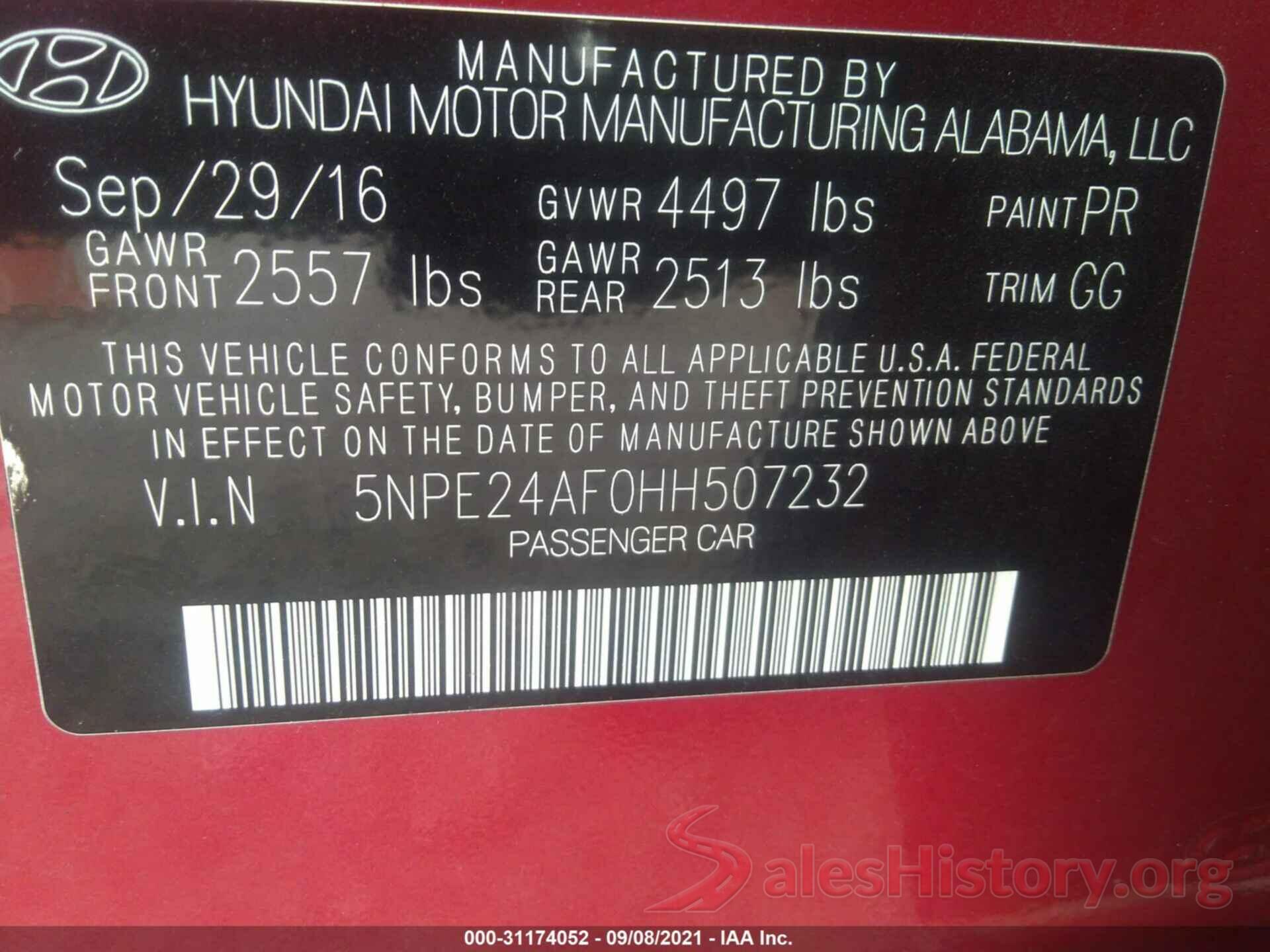 5NPE24AF0HH507232 2017 HYUNDAI SONATA