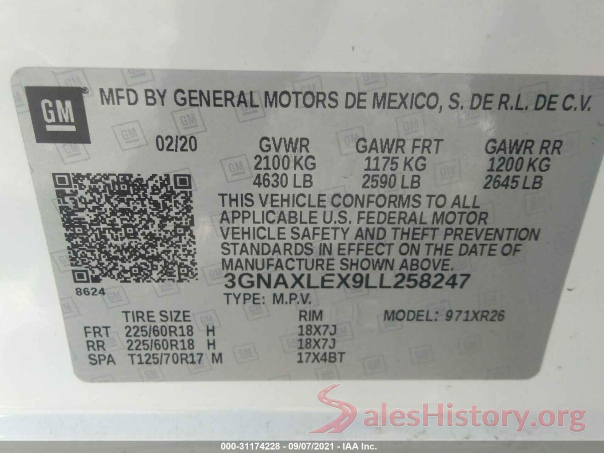 3GNAXLEX9LL258247 2020 CHEVROLET EQUINOX