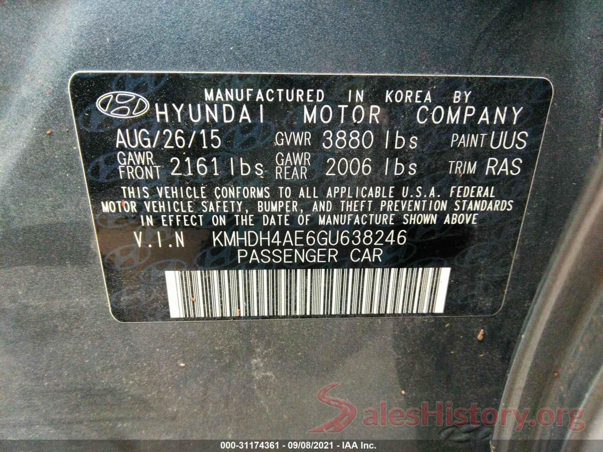 KMHDH4AE6GU638246 2016 HYUNDAI ELANTRA