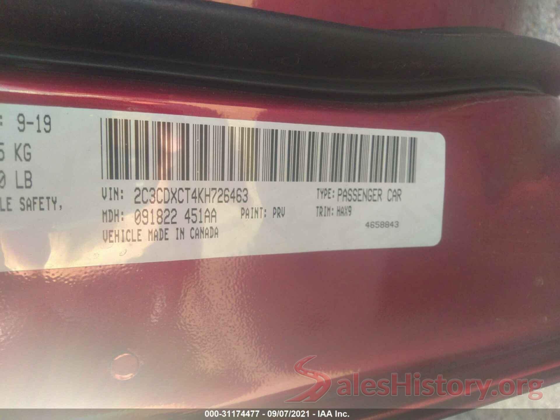 2C3CDXCT4KH726463 2019 DODGE CHARGER