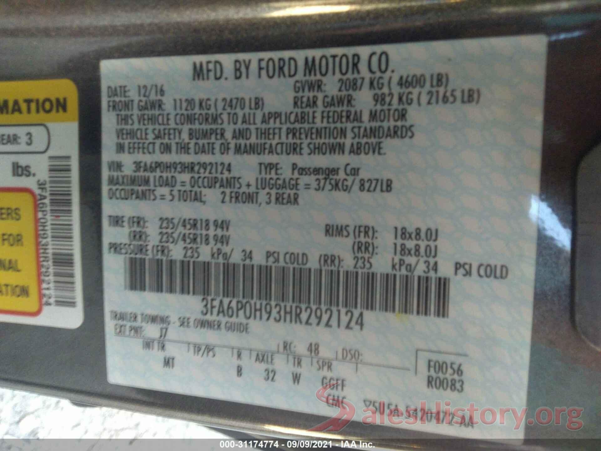 3FA6P0H93HR292124 2017 FORD FUSION