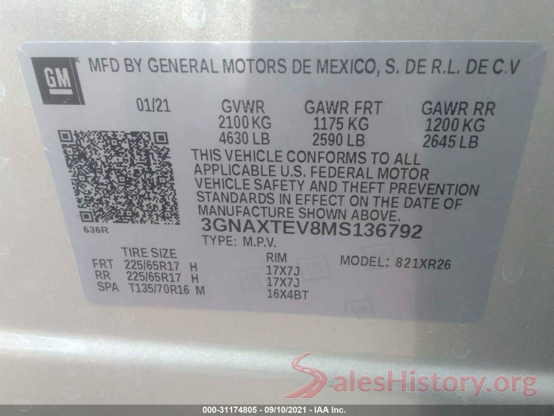 3GNAXTEV8MS136792 2021 CHEVROLET EQUINOX