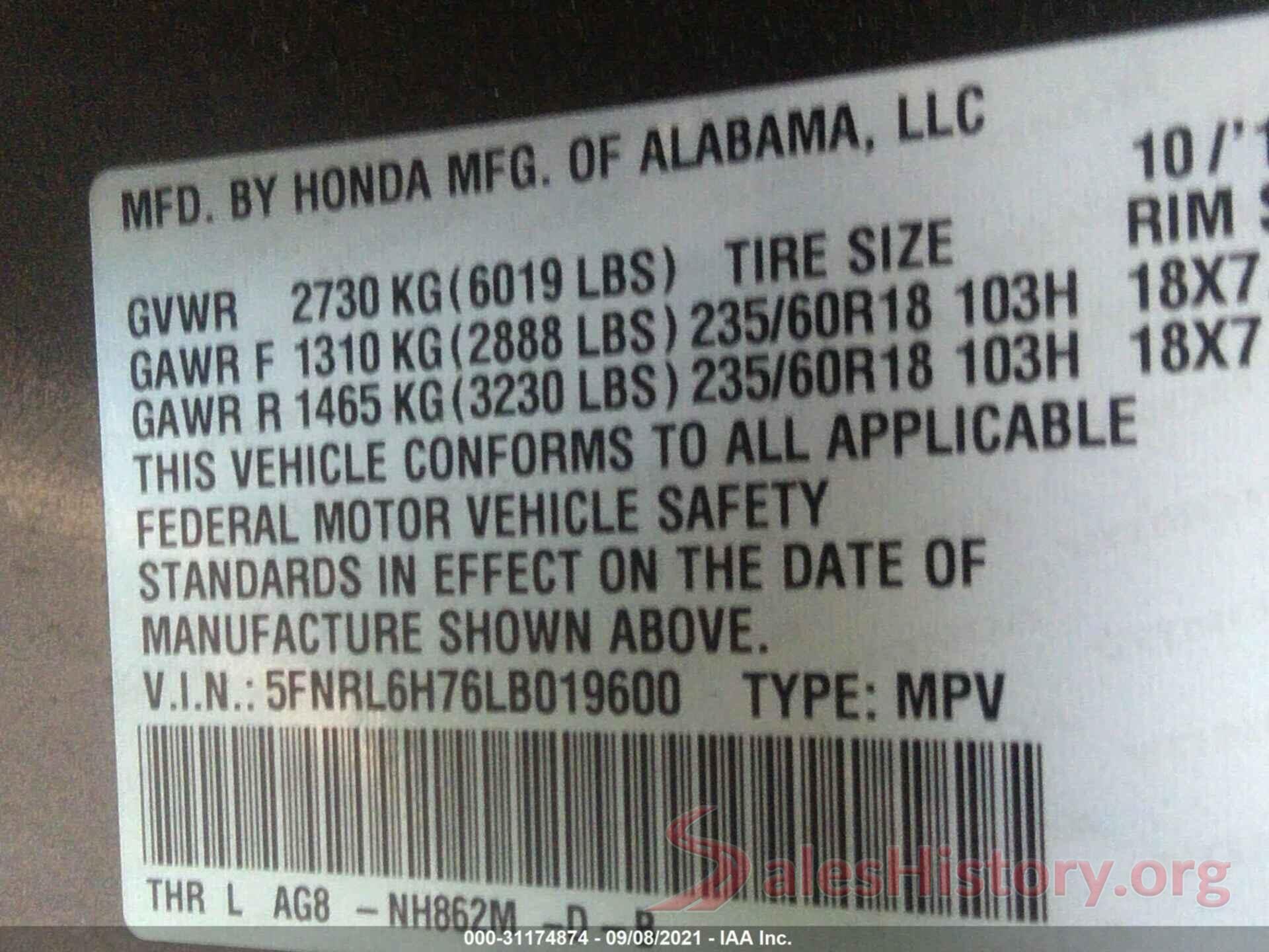 5FNRL6H76LB019600 2020 HONDA ODYSSEY