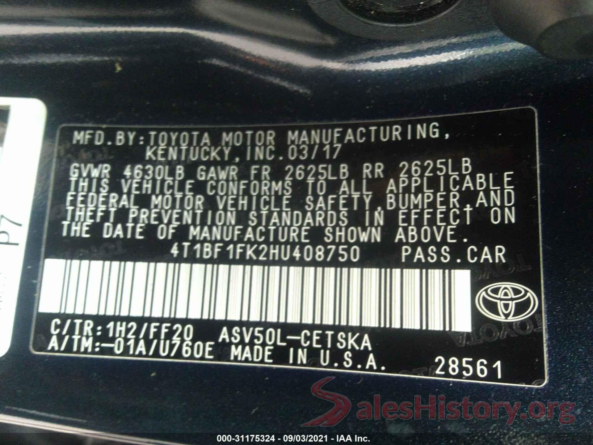 4T1BF1FK2HU408750 2017 TOYOTA CAMRY