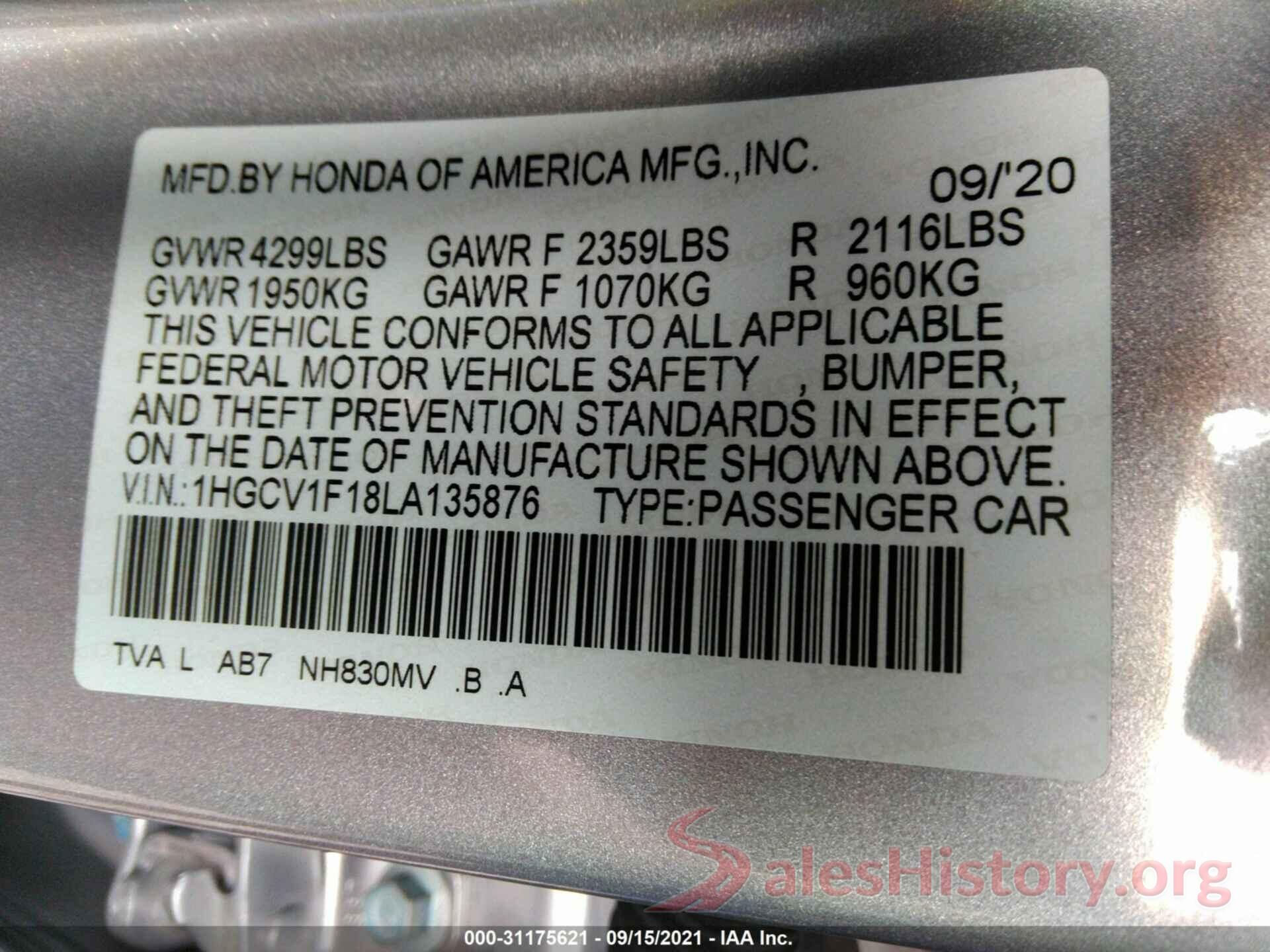 1HGCV1F18LA135876 2020 HONDA ACCORD SEDAN