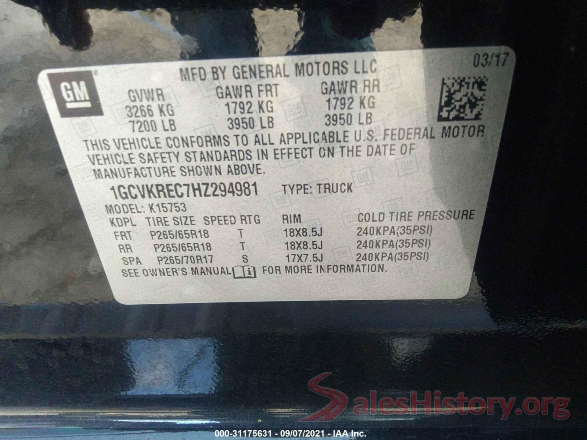 1GCVKREC7HZ294981 2017 CHEVROLET SILVERADO 1500