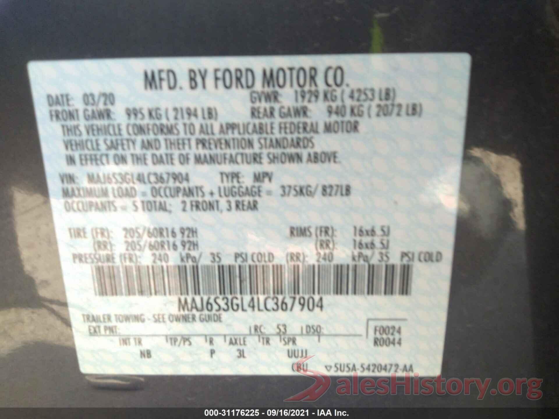 MAJ6S3GL4LC367904 2020 FORD ECOSPORT