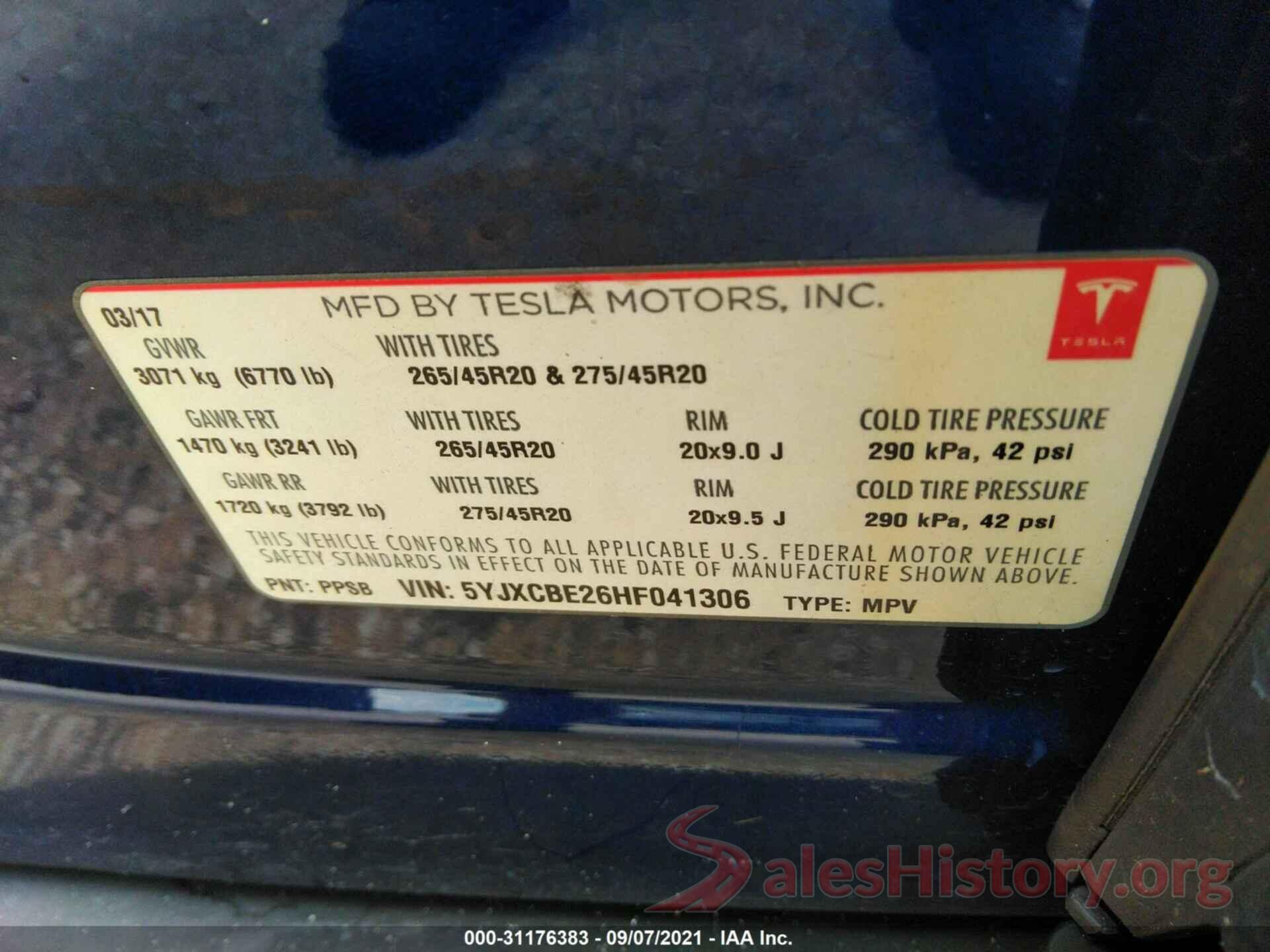 5YJXCBE26HF041306 2017 TESLA MODEL X