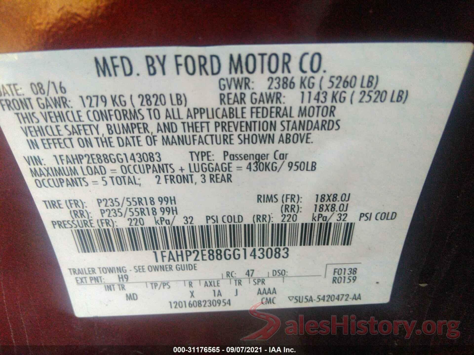 1FAHP2E88GG143083 2016 FORD TAURUS